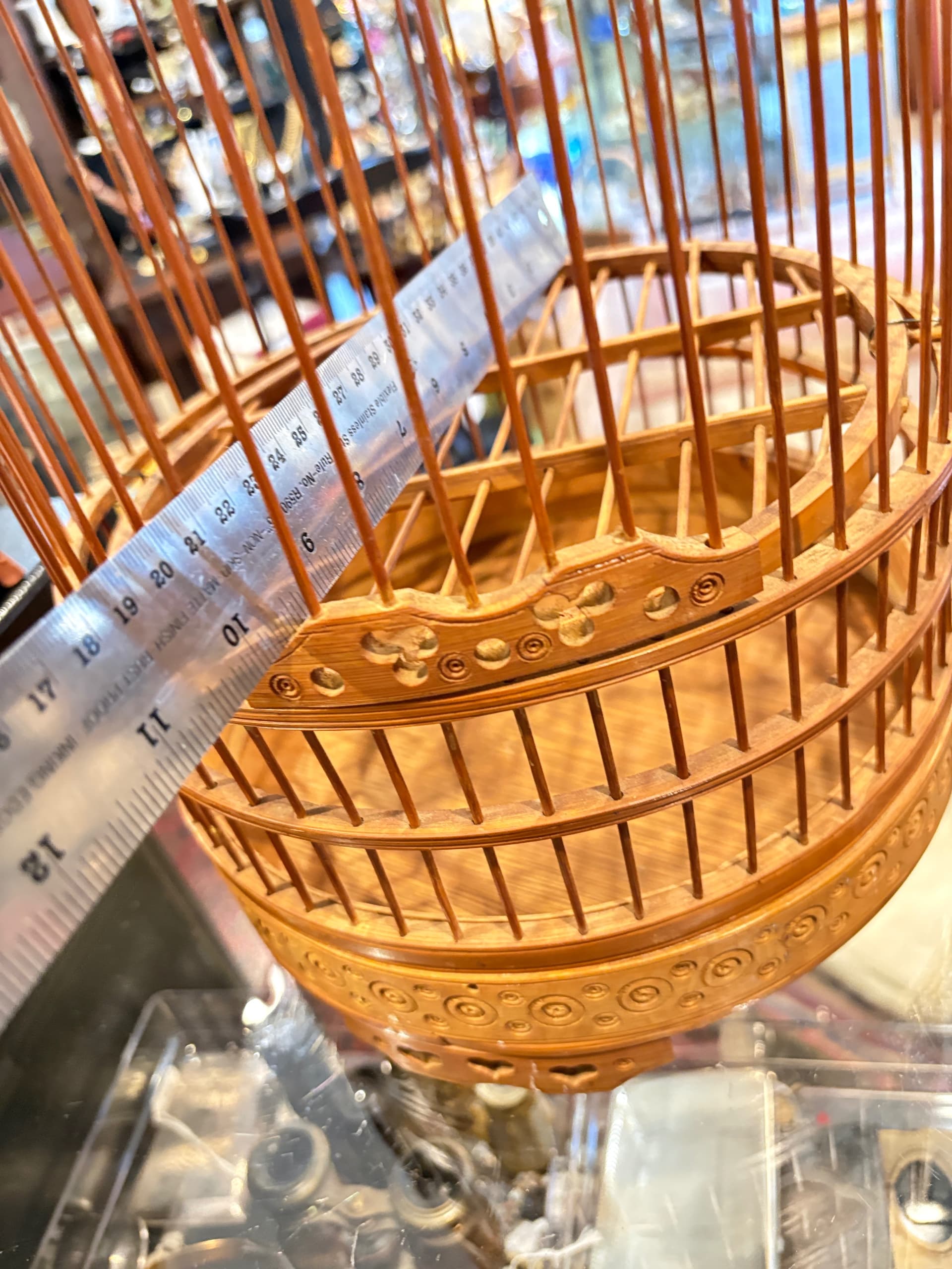 Antique Chinese Bamboo Bird Cage, Domed Cylindrical Form, Carved Base, Hanging Hook-1170 - Regular - Thumbnail 7