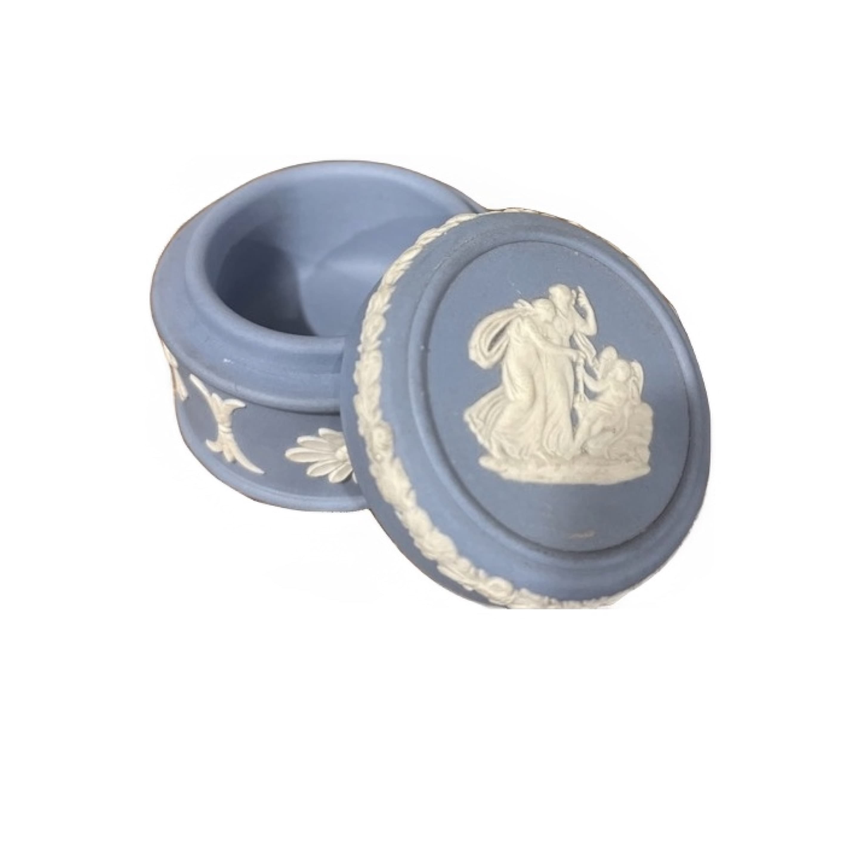 Wedgwood Blue Jasperware Round Trinket Box Lid Classical Figure Floral Made in England - Regular