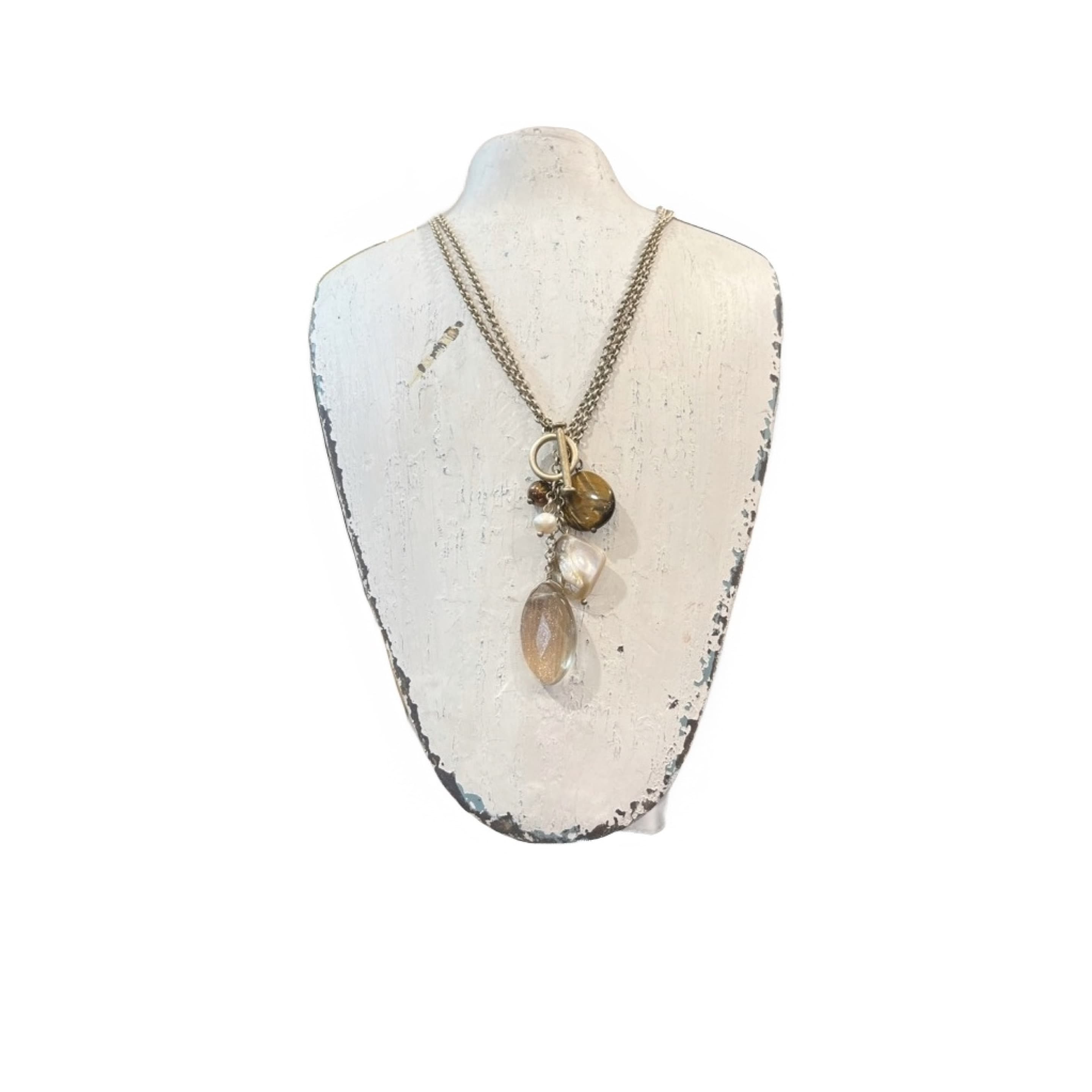 Boho Double Chain Necklace Toggle Clasp Baroque Pearl Smoky Quartz Stone Cluster Pendant - Regular