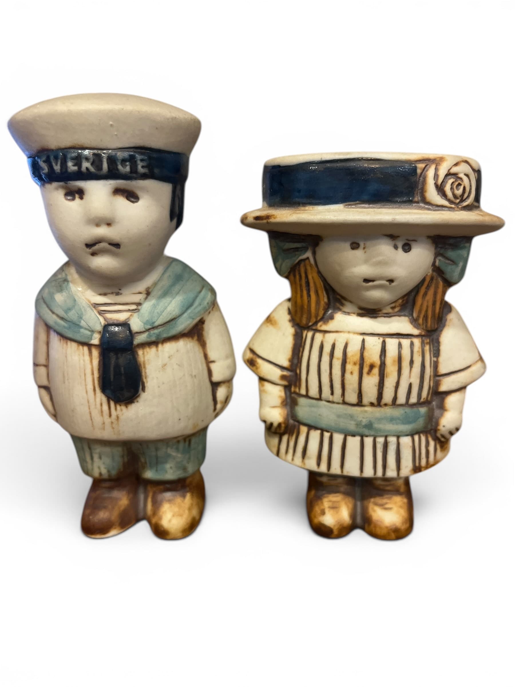 Anna and Oscar Figurines Lisa Larson for Gustavsberg Sverige Ceramic Figurines, Swedish Boy & Girl Pair, Vintage Mid-Century Scandinavian Folk Art - Regular