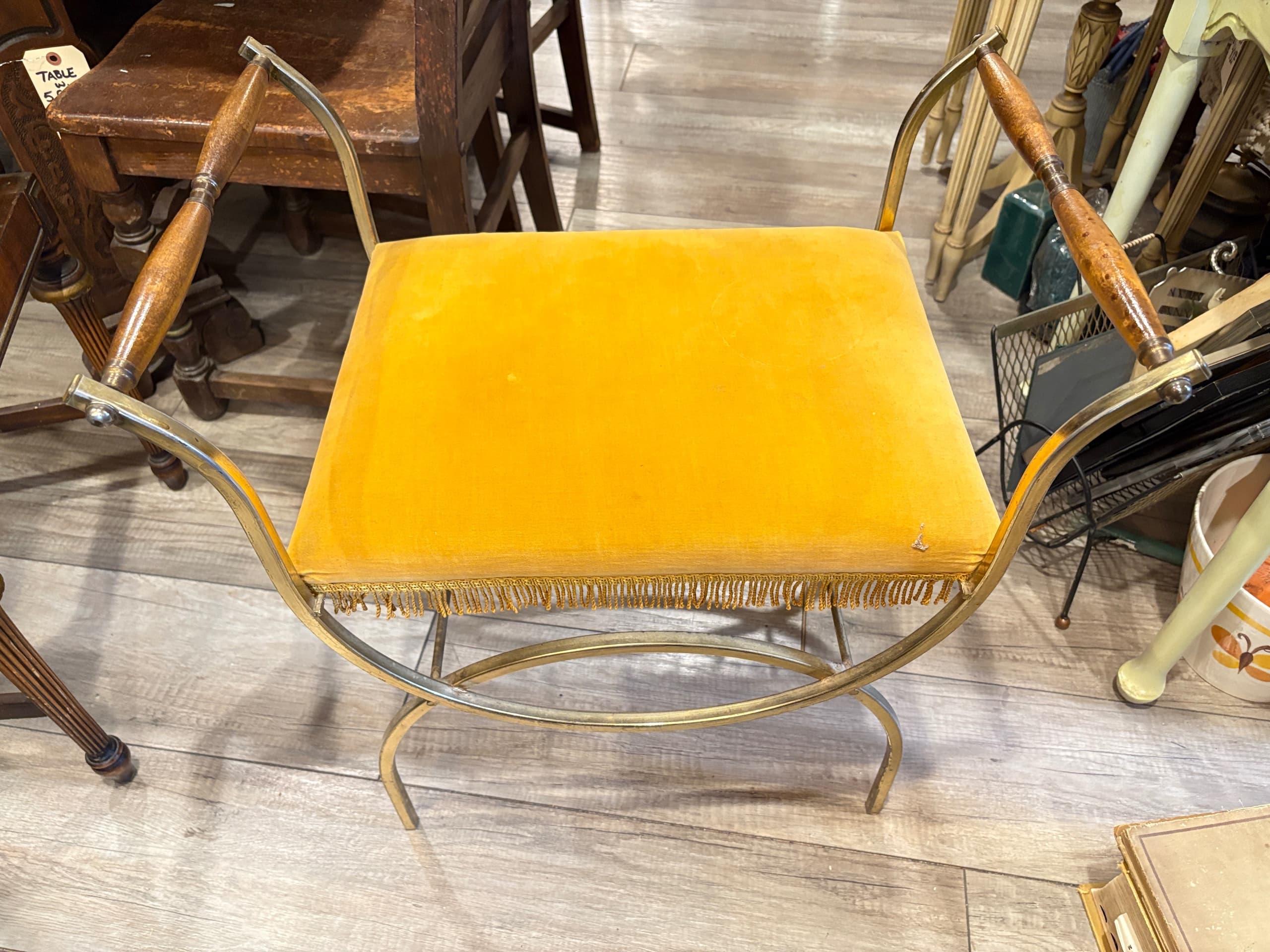 Vintage Hollywood Regency Brass Vanity Bench with Gold Velvet & Fringe - Regular