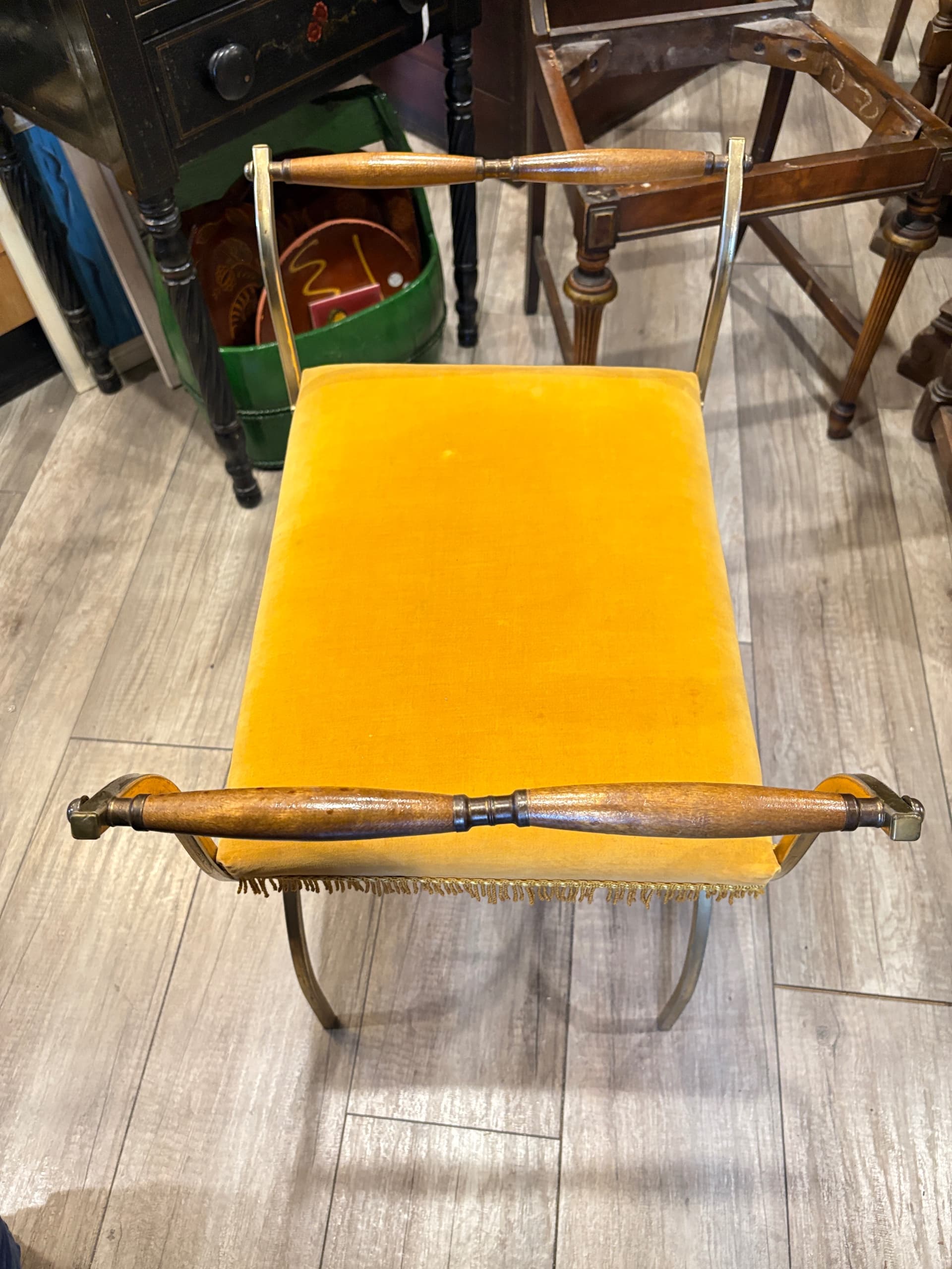 Vintage Hollywood Regency Brass Vanity Bench with Gold Velvet & Fringe - Regular - Thumbnail 4
