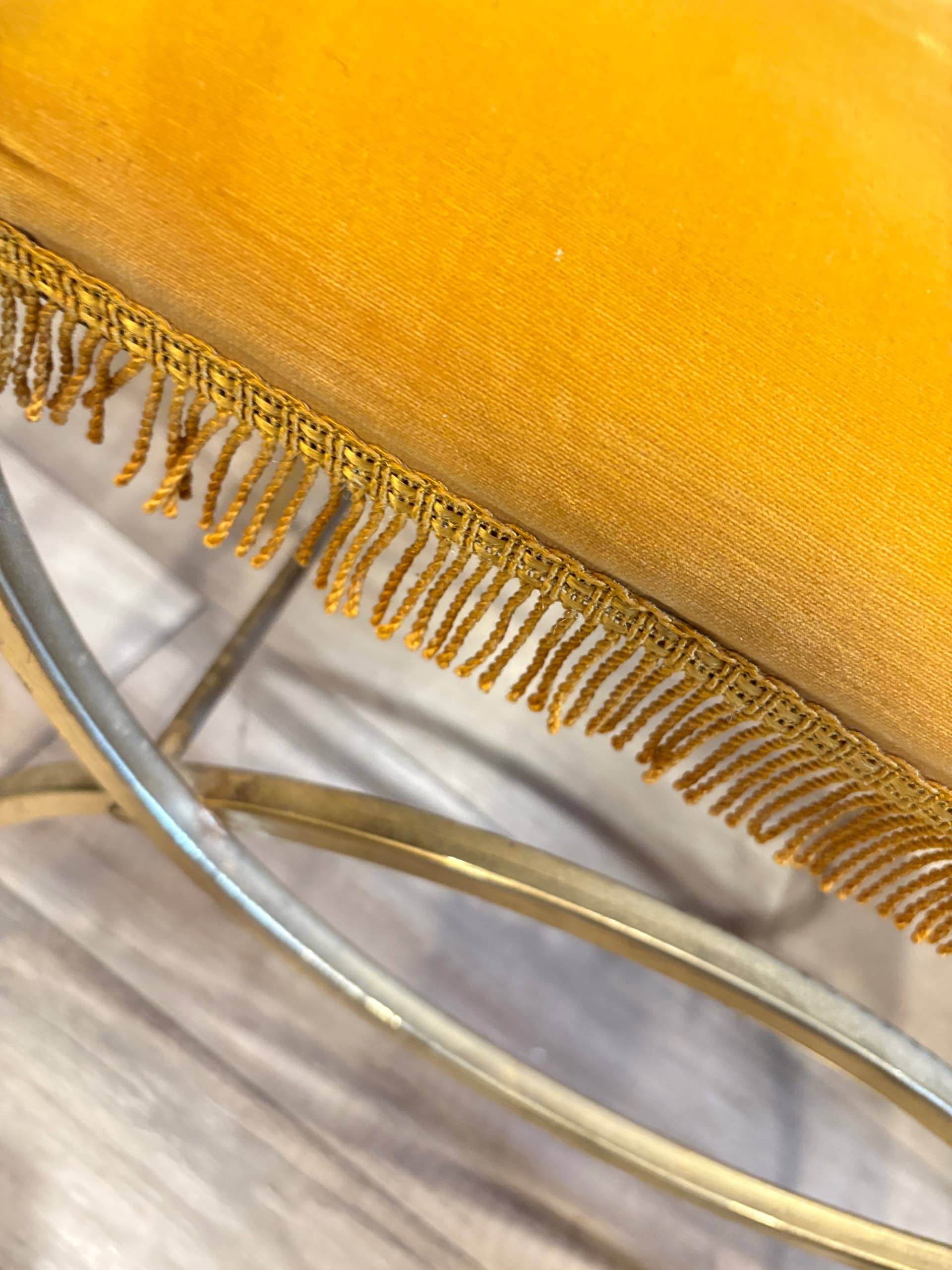 Vintage Hollywood Regency Brass Vanity Bench with Gold Velvet & Fringe - Regular - Thumbnail 2