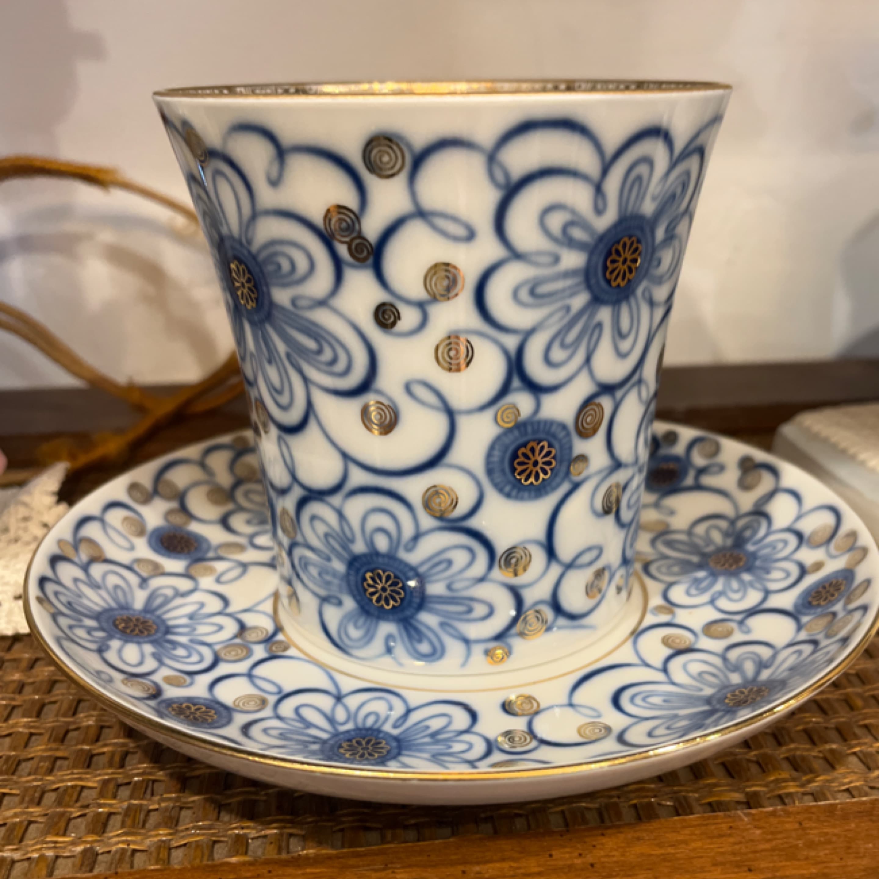 Vintage Blue & Gold Porcelain Cup and Saucer – Floral Cobalt Design - Regular