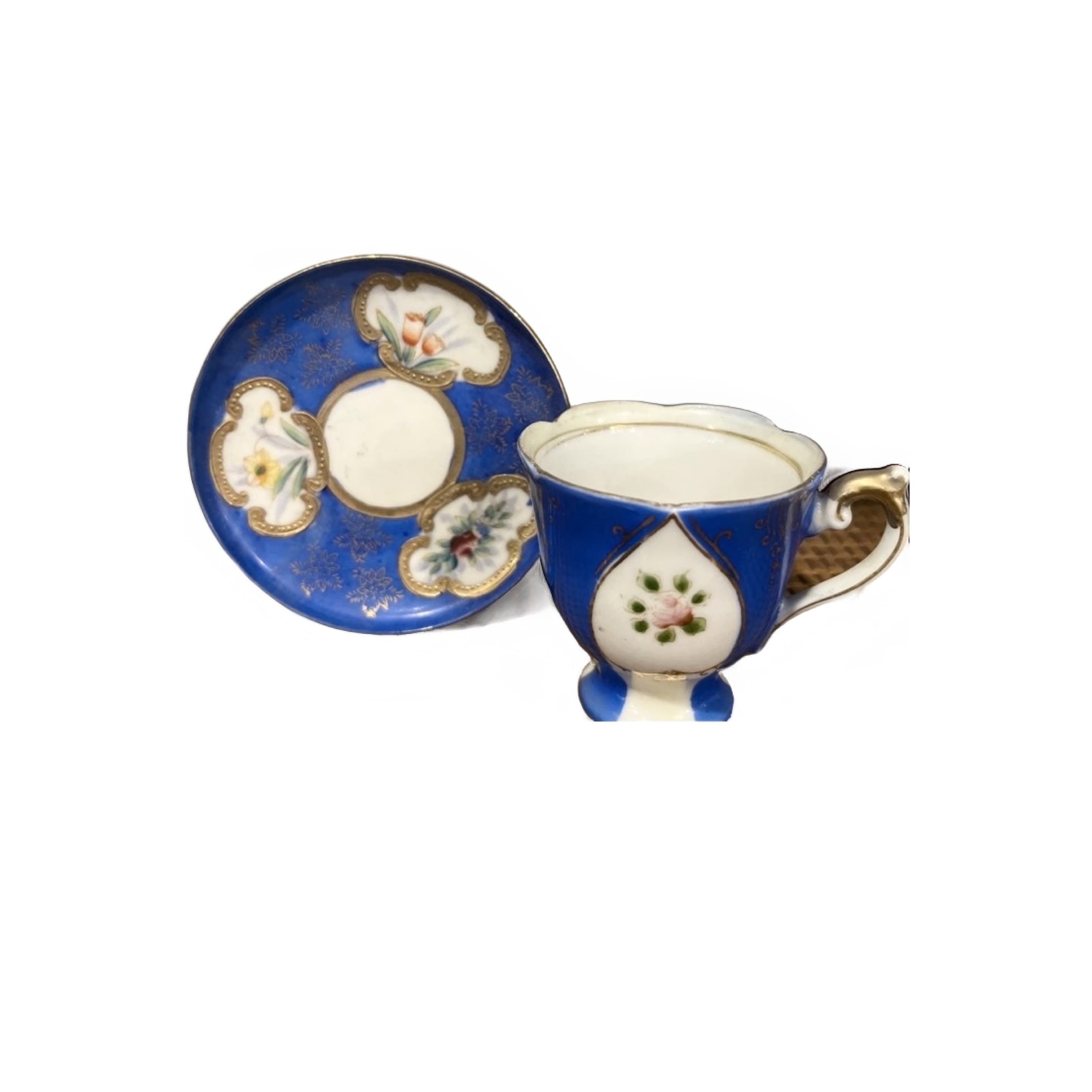 H. Kato Demitasse Cup & Saucer – Occupied Japan Cobalt Blue & Gold Floral Porcelain - Regular