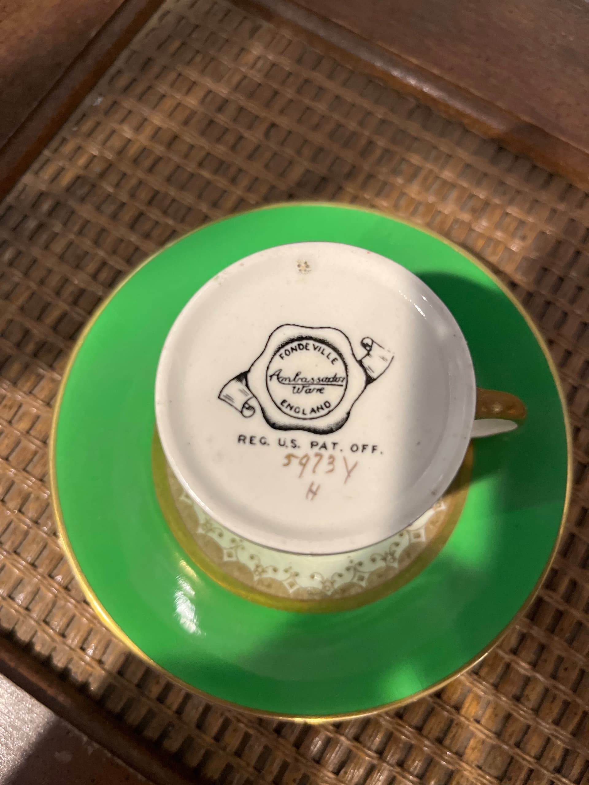 Vintage Fondeville “Ambassador Ware” Demitasse Cup & Saucer – Emerald Green & Gold English Porcelain - Regular - Thumbnail 3