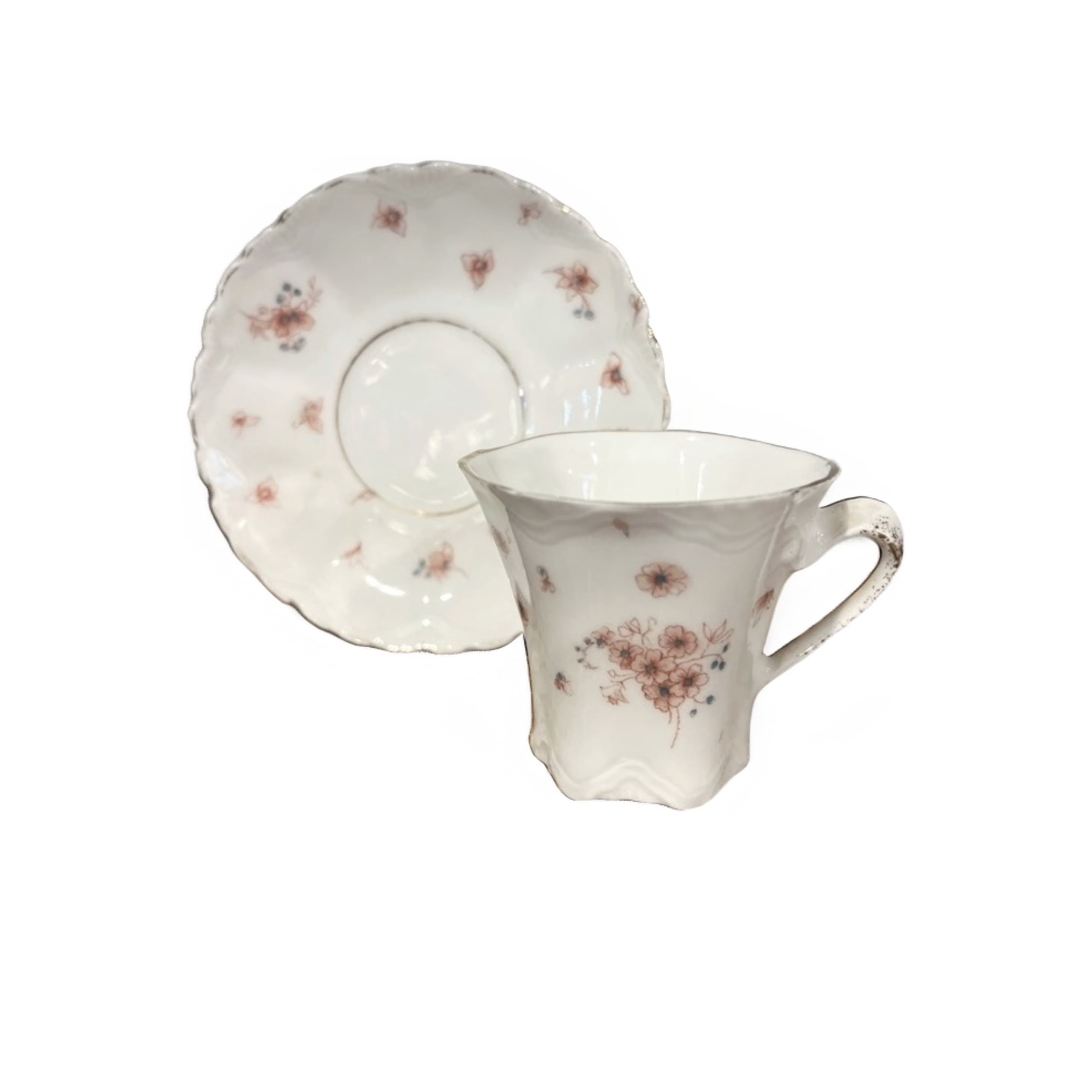 Demitasse Cup & Saucer | Trumpet Shape Embossed Porcelain | Pink Floral Sprig | Gold Rim | Antique Unmarked - Regular