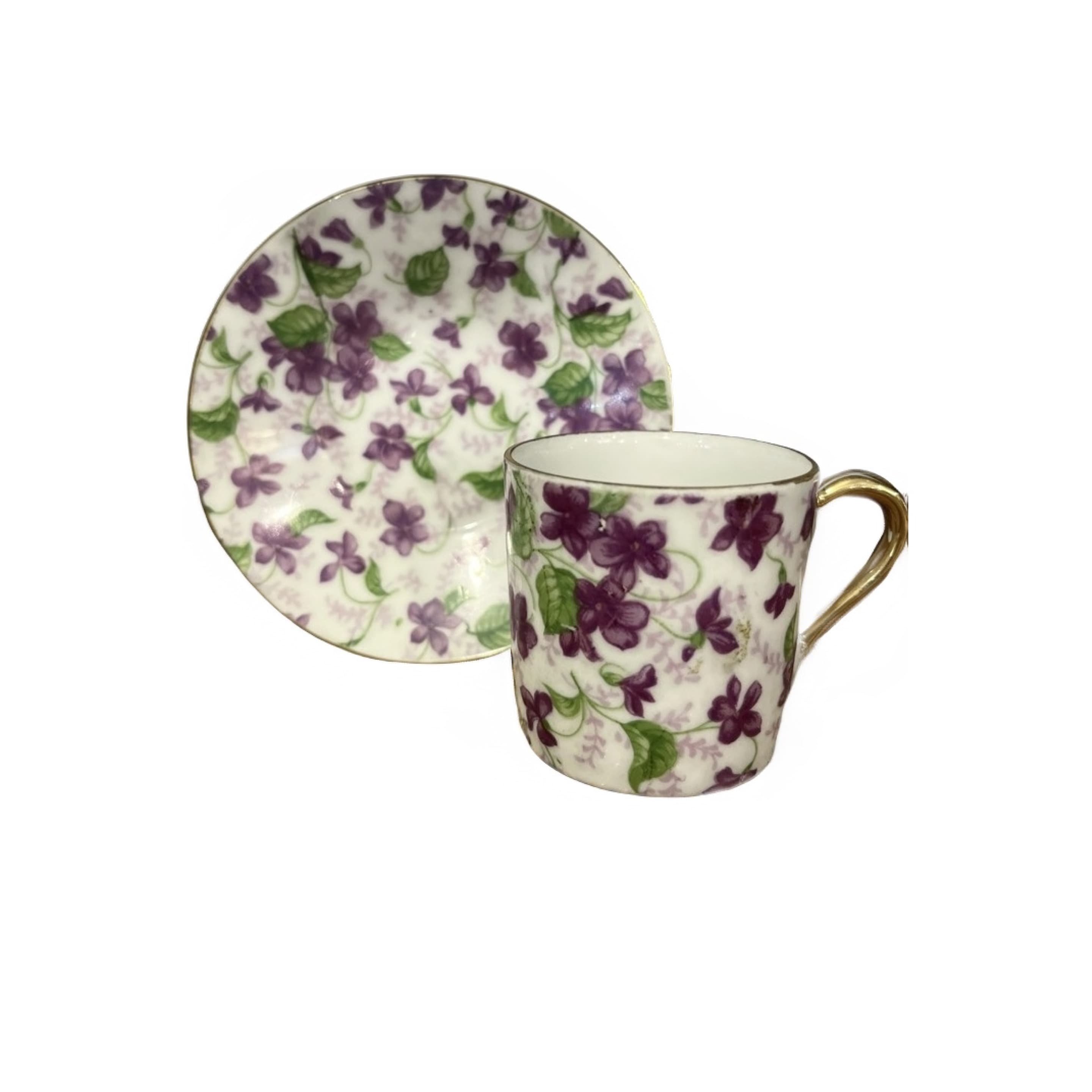 Demitasse Cup & Saucer | Violet Chintz Porcelain | Purple Floral Allover Pattern | Gold Rim | Made in Japan Vintage - Regular