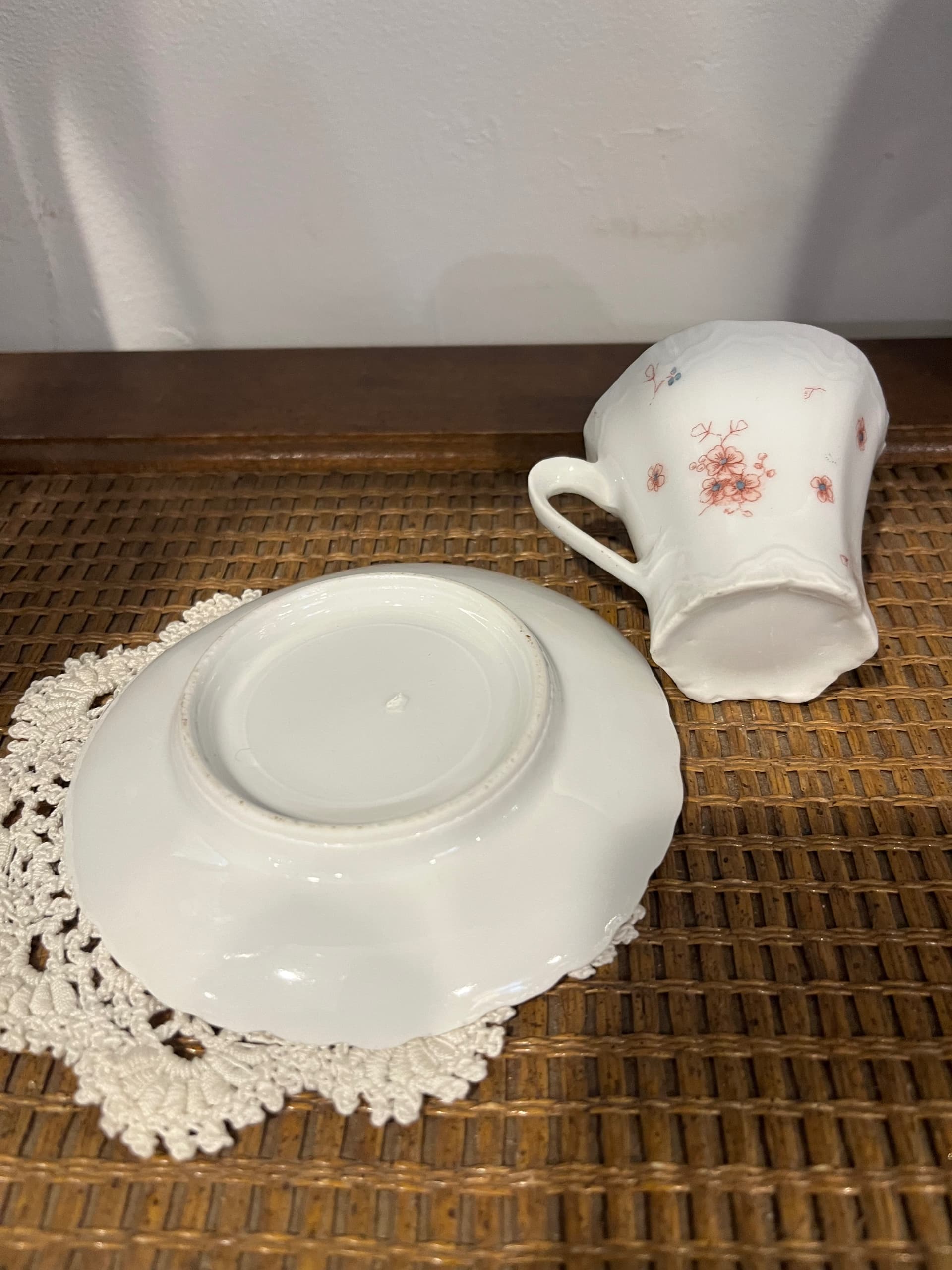 Demitasse Cup & Saucer | Trumpet Shape Embossed Porcelain | Pink Floral Sprig | Gold Rim | Antique Unmarked - Regular - Thumbnail 6
