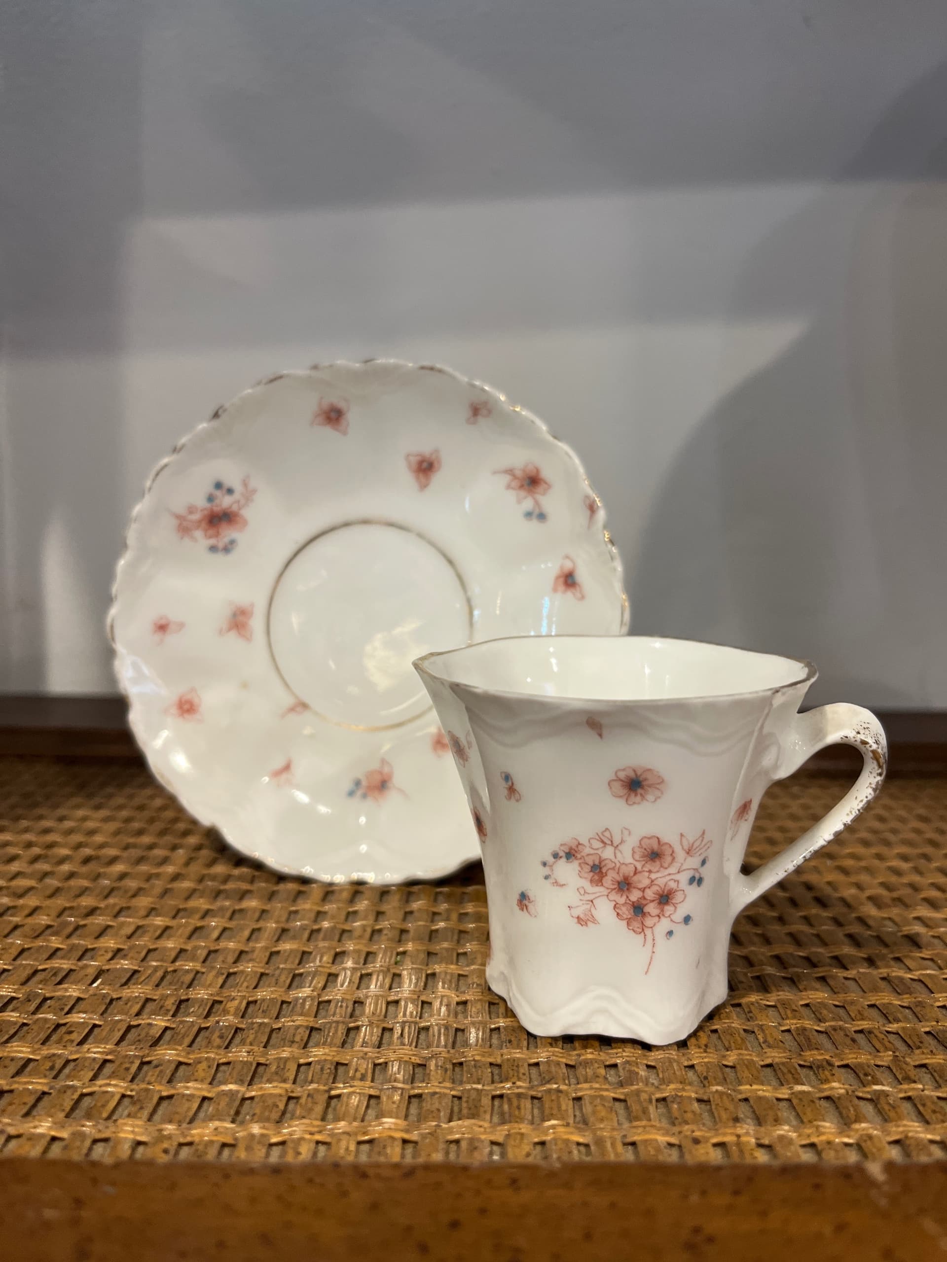 Demitasse Cup & Saucer | Trumpet Shape Embossed Porcelain | Pink Floral Sprig | Gold Rim | Antique Unmarked - Regular - Thumbnail 3