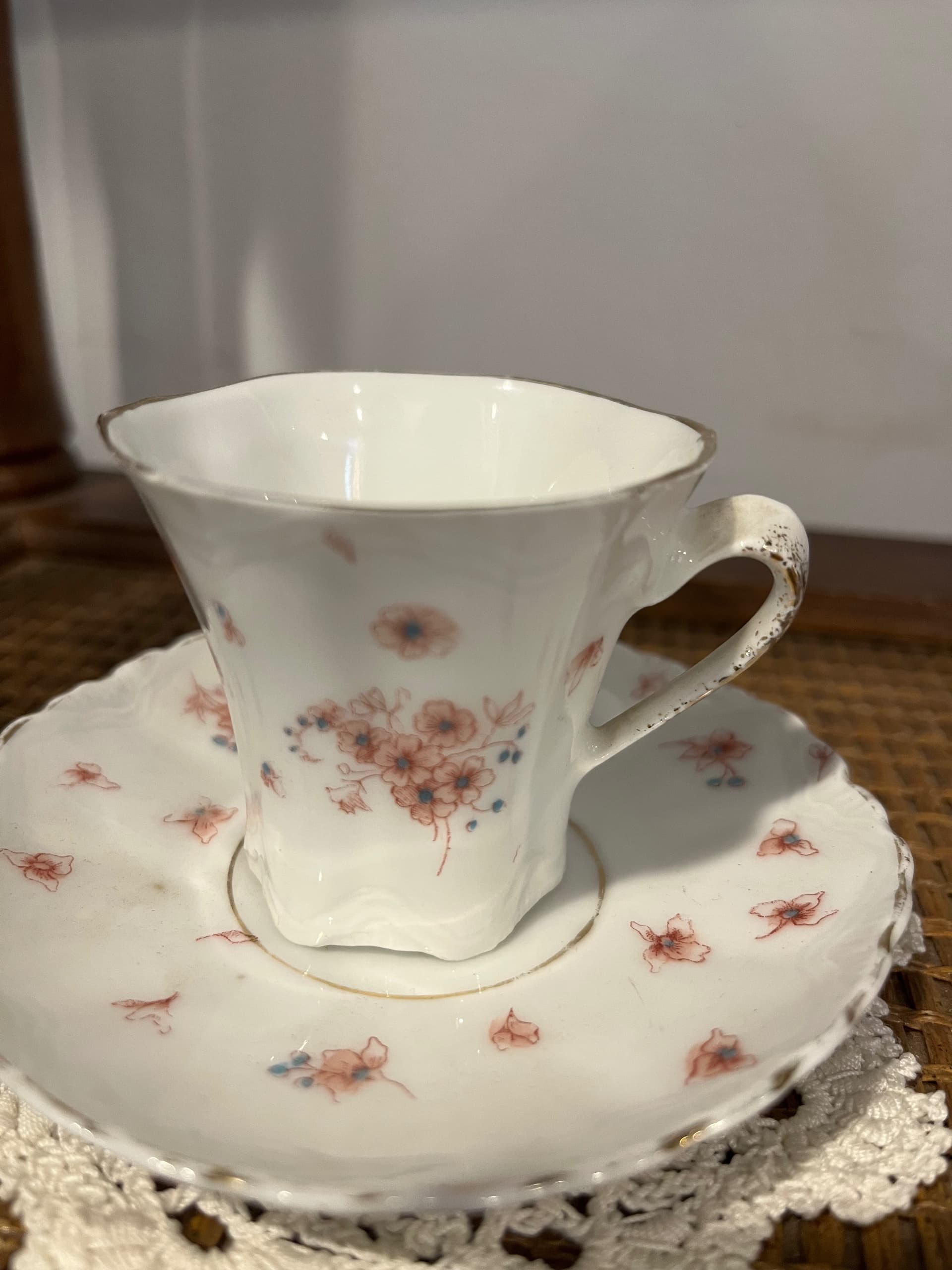 Demitasse Cup & Saucer | Trumpet Shape Embossed Porcelain | Pink Floral Sprig | Gold Rim | Antique Unmarked - Regular - Thumbnail 5