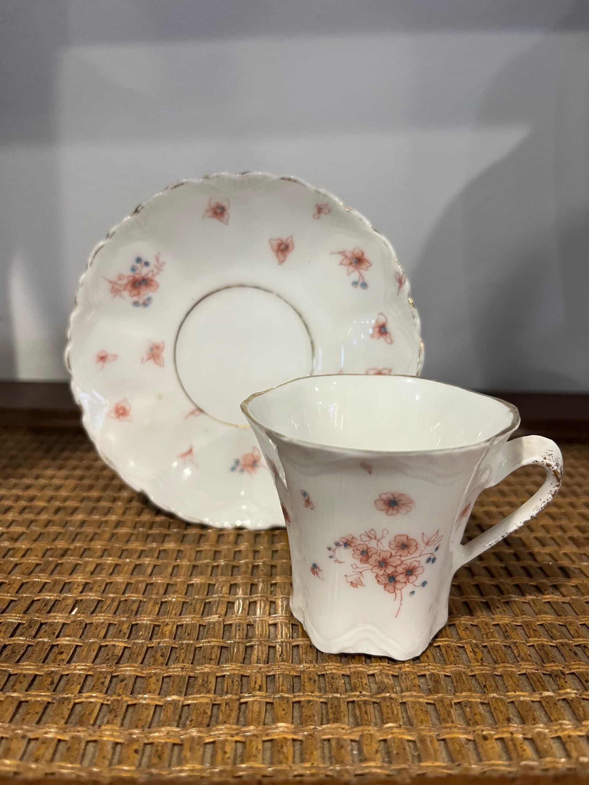 Demitasse Cup & Saucer | Trumpet Shape Embossed Porcelain | Pink Floral Sprig | Gold Rim | Antique Unmarked - Regular - Thumbnail 4