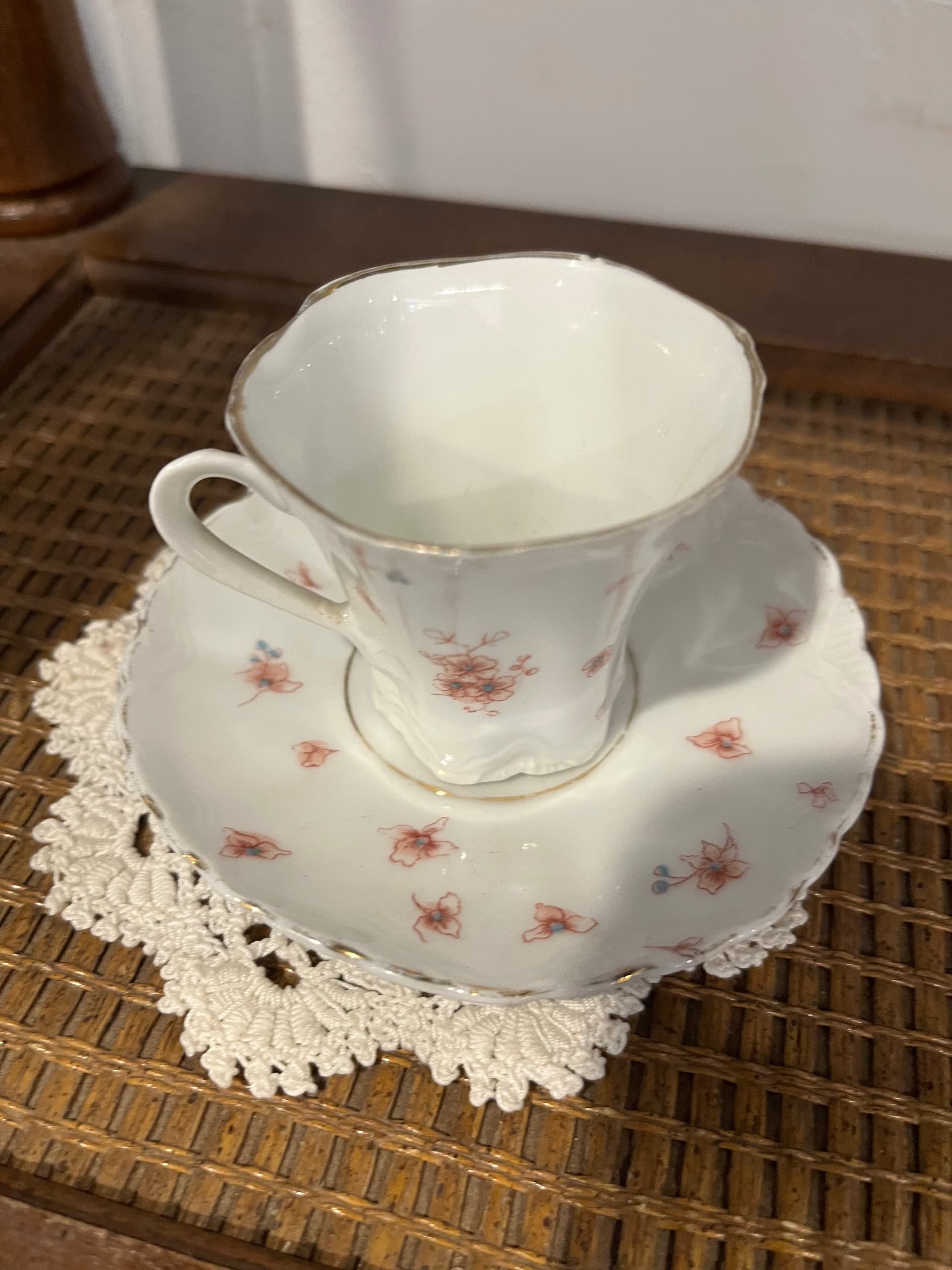 Demitasse Cup & Saucer | Trumpet Shape Embossed Porcelain | Pink Floral Sprig | Gold Rim | Antique Unmarked - Regular - Thumbnail 7