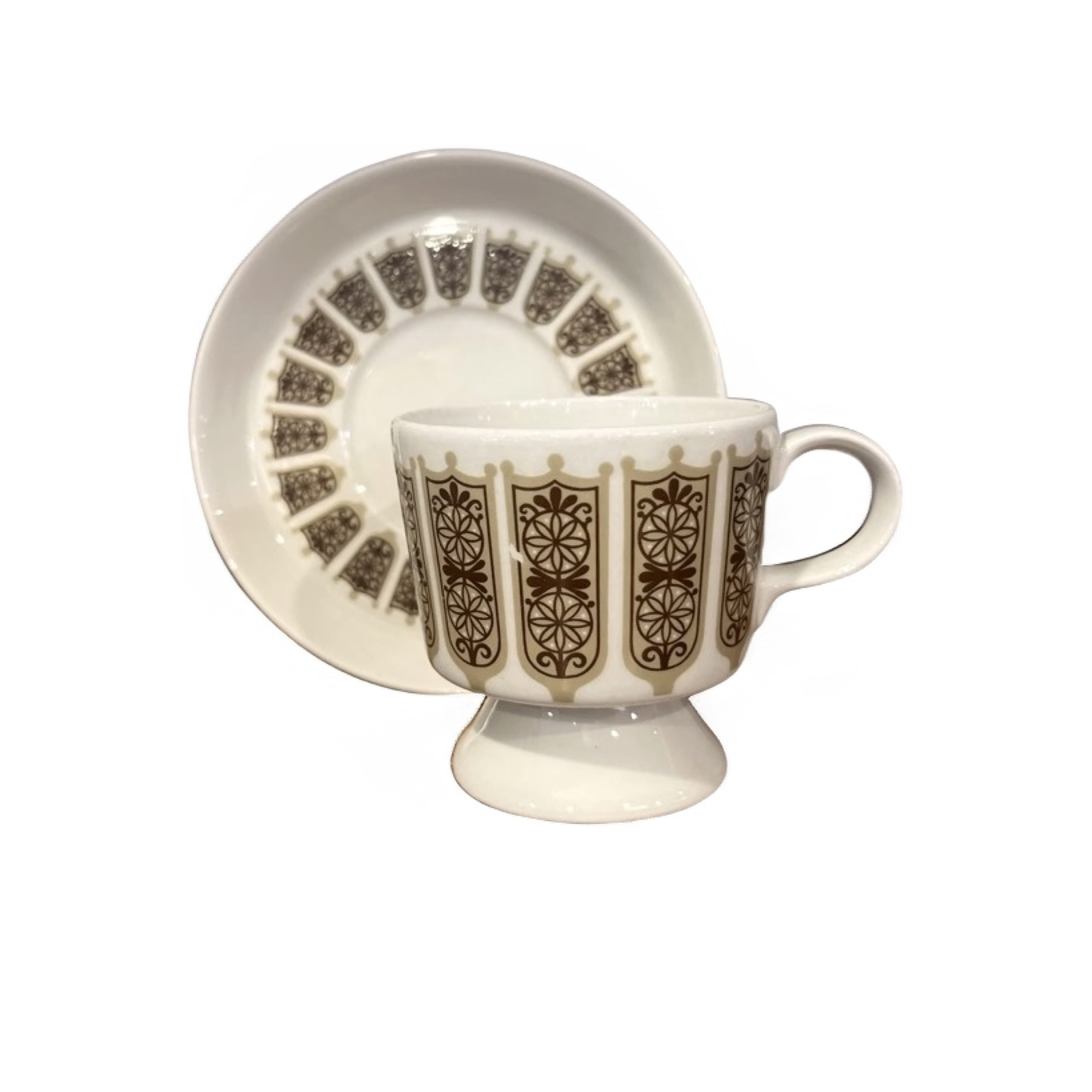 Arabia Finland Demitasse Cup & Saucer | Footed Cup | Brown Geometric Medallion Pattern | Scandinavian MCM Vintage 1984 - Regular