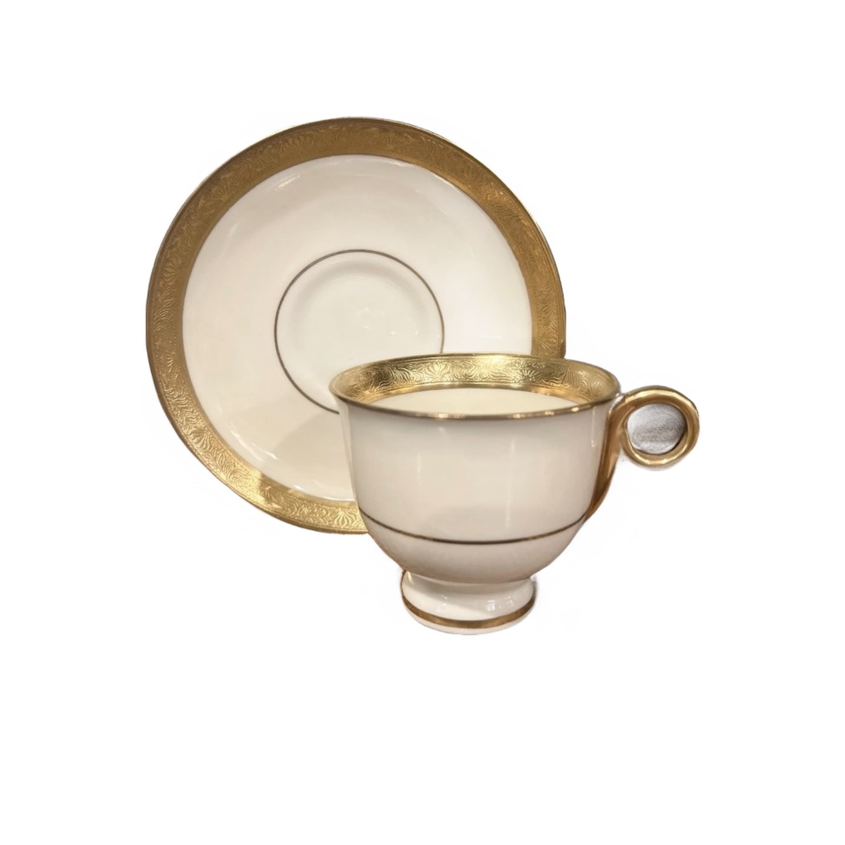 Theodore Haviland New York Demitasse Cup Saucer Aledia Pattern Heavy Gold Band Made in America Antique - Regular