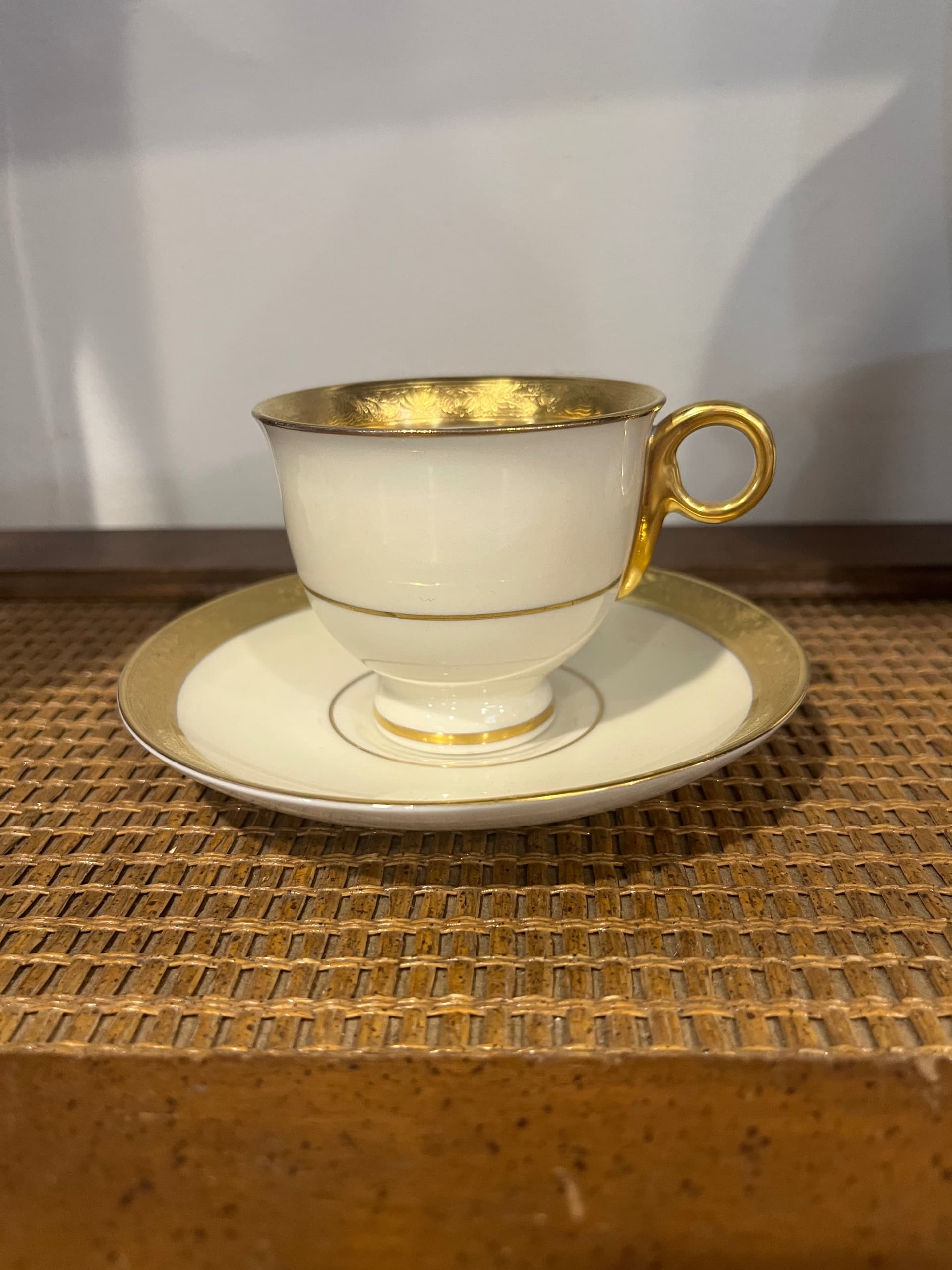 Theodore Haviland New York Demitasse Cup Saucer Aledia Pattern Heavy Gold Band Made in America Antique - Regular - Thumbnail 2