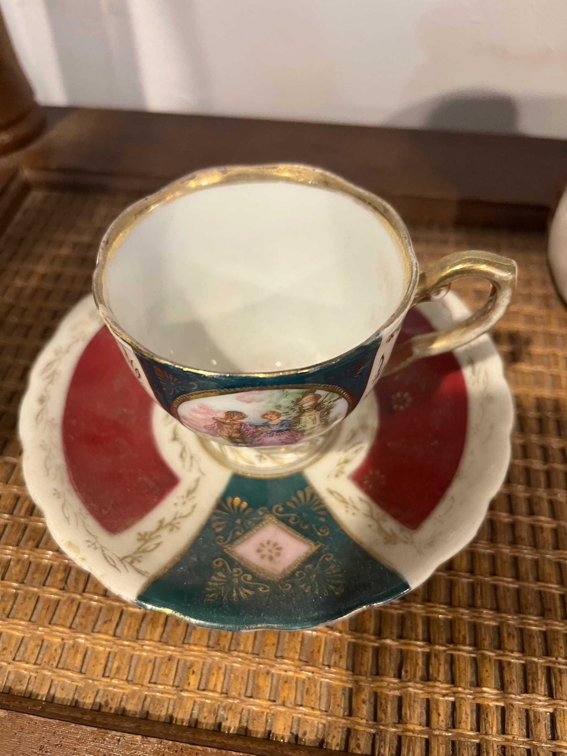 Occupied Japan Hand Painted Demitasse Cup Saucer Fragonard Courting Couple Teal Burgundy Gold - Regular - Thumbnail 2