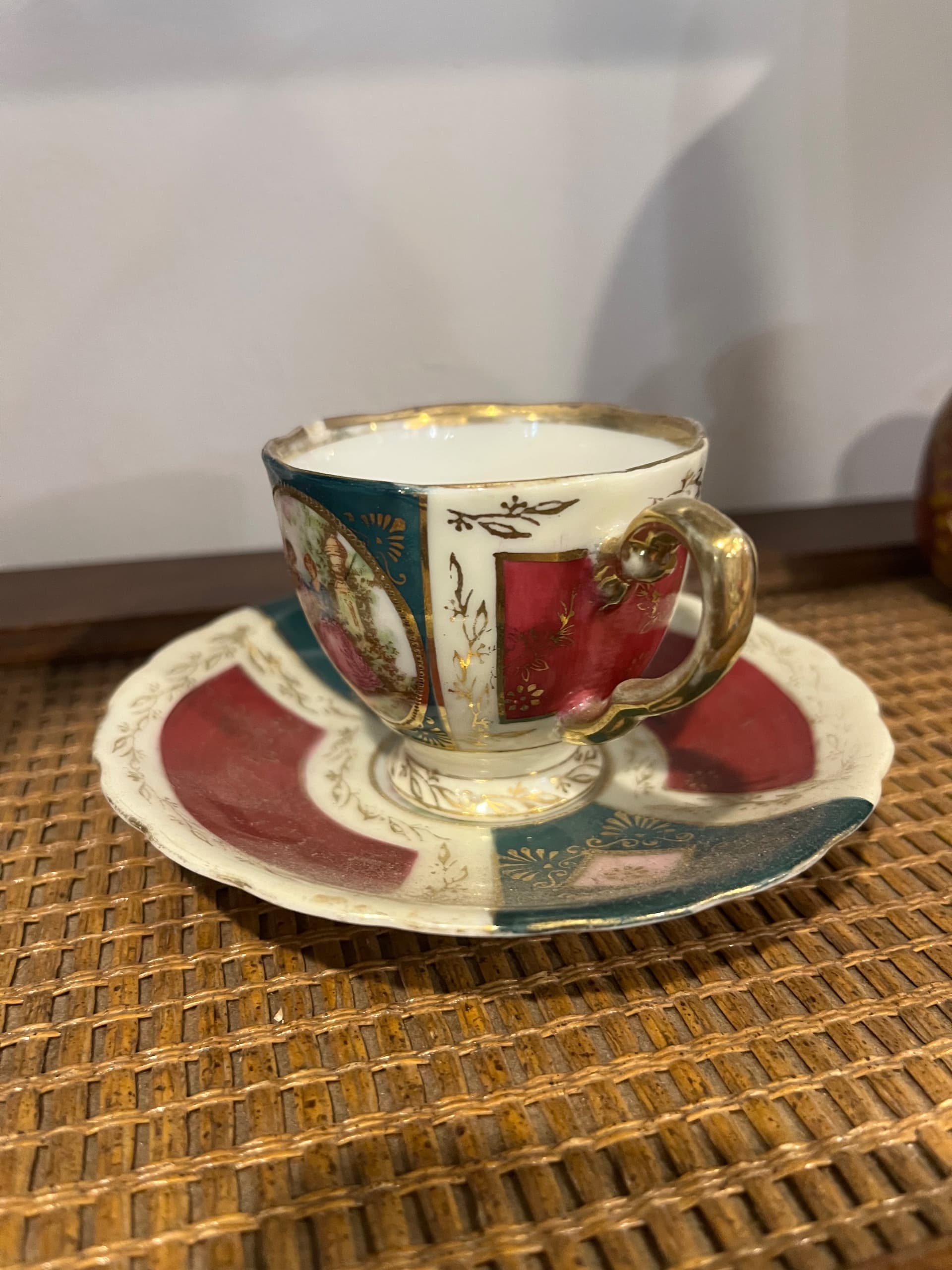 Occupied Japan Hand Painted Demitasse Cup Saucer Fragonard Courting Couple Teal Burgundy Gold - Regular - Thumbnail 4