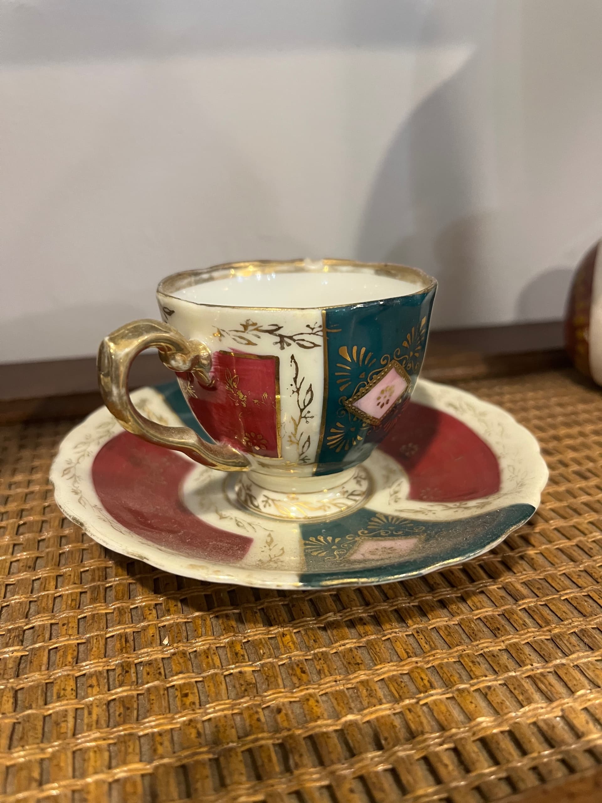 Occupied Japan Hand Painted Demitasse Cup Saucer Fragonard Courting Couple Teal Burgundy Gold - Regular - Thumbnail 5