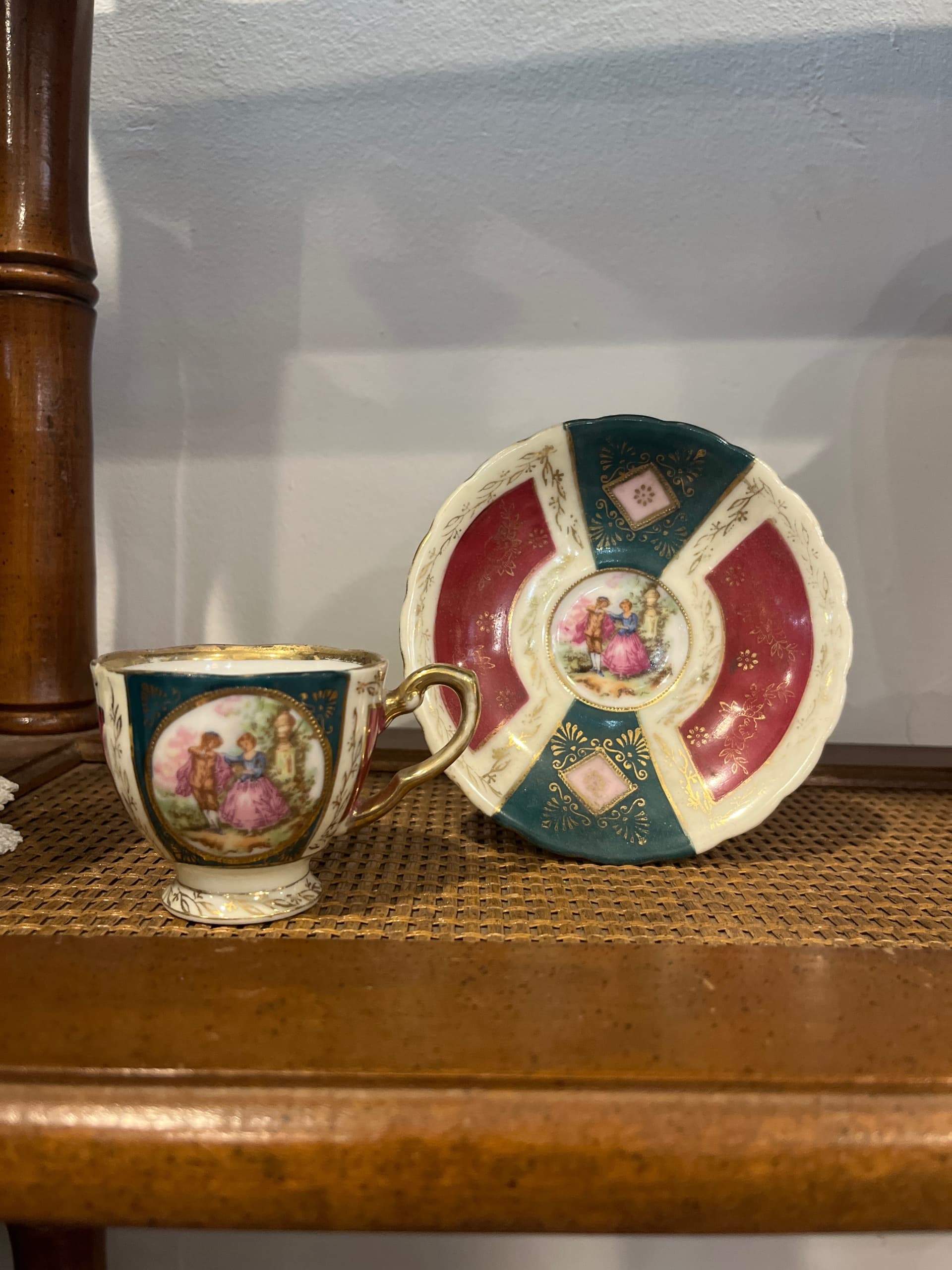 Occupied Japan Hand Painted Demitasse Cup Saucer Fragonard Courting Couple Teal Burgundy Gold - Regular - Thumbnail 7