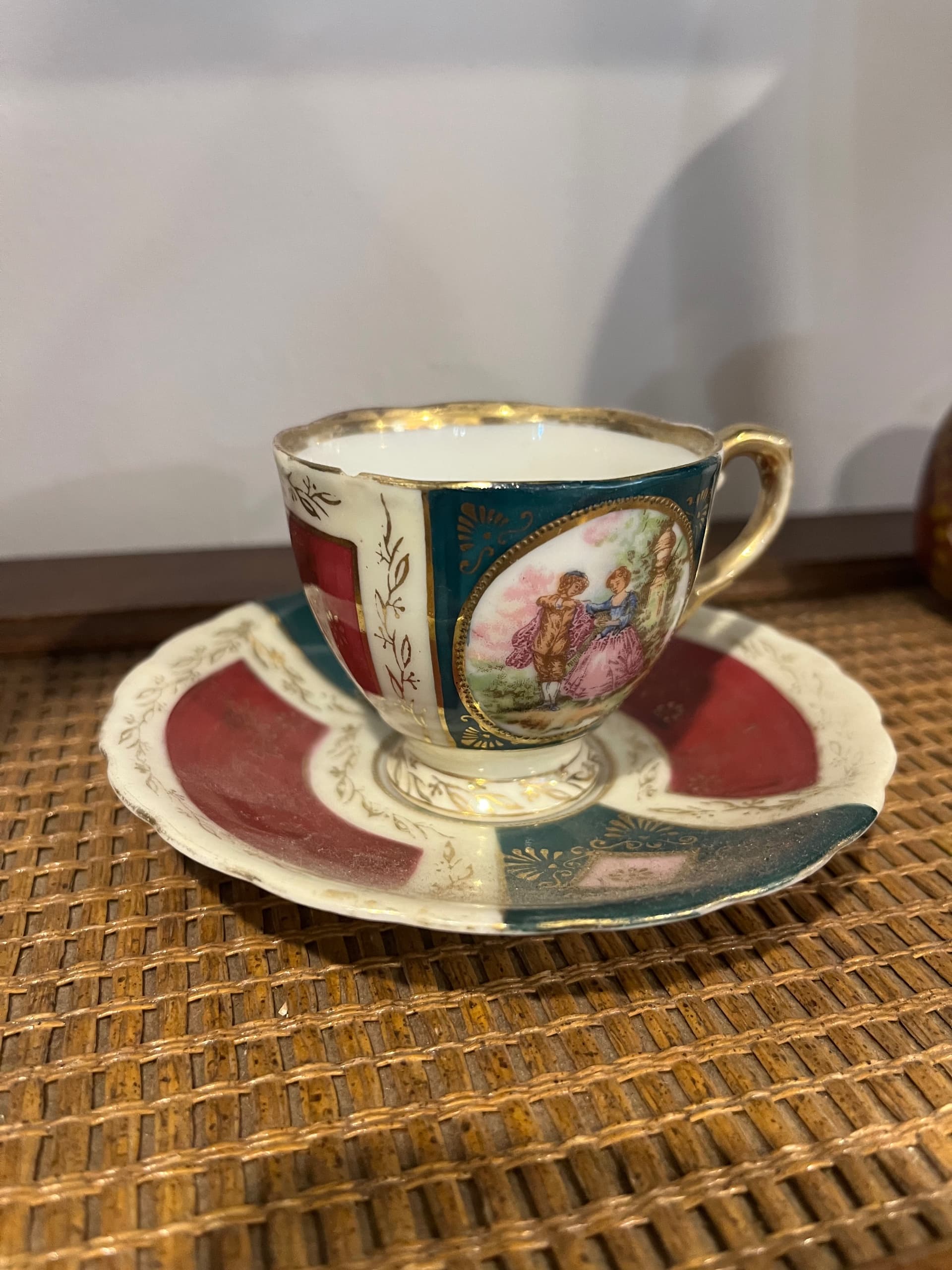 Occupied Japan Hand Painted Demitasse Cup Saucer Fragonard Courting Couple Teal Burgundy Gold - Regular - Thumbnail 3
