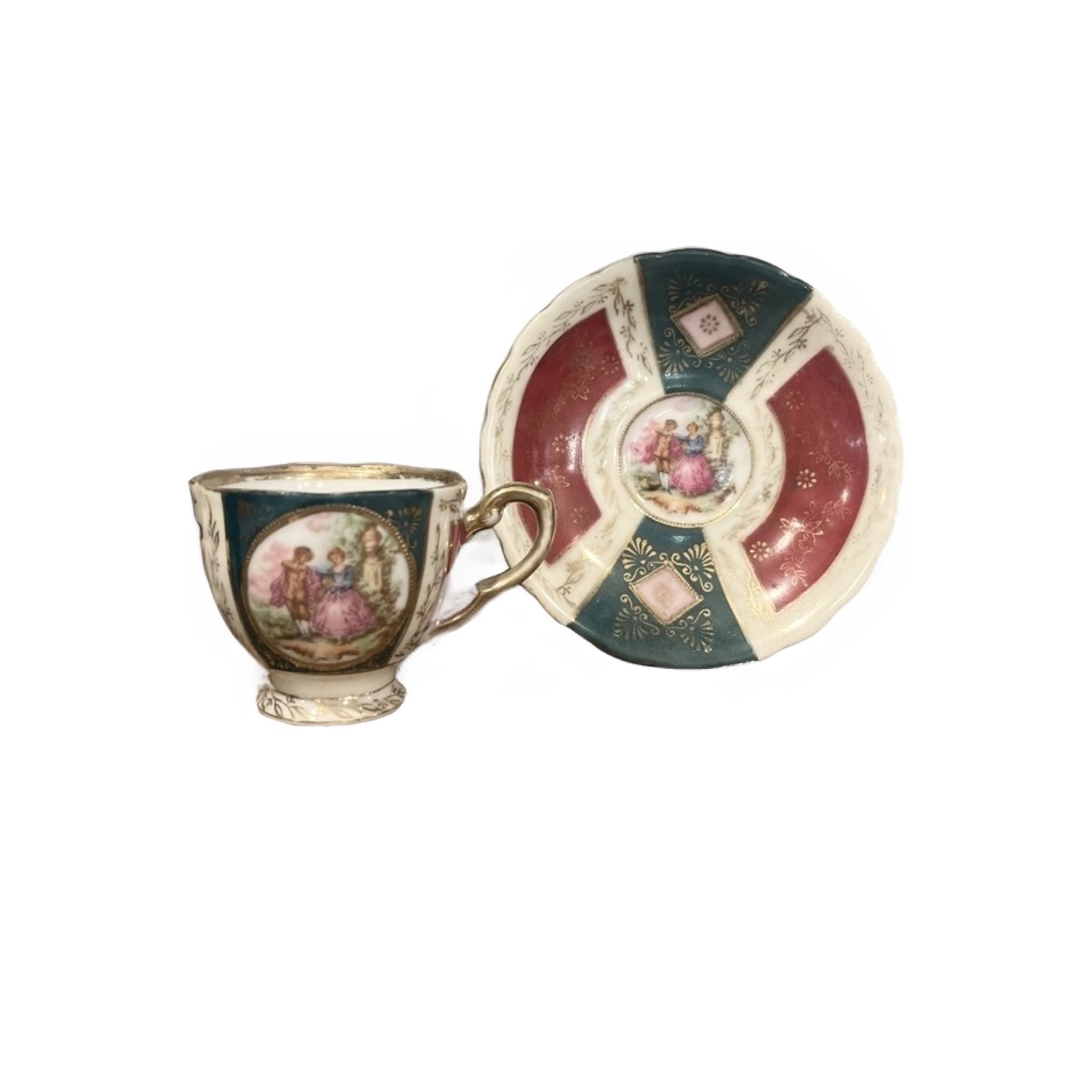 Occupied Japan Hand Painted Demitasse Cup Saucer Fragonard Courting Couple Teal Burgundy Gold - Regular
