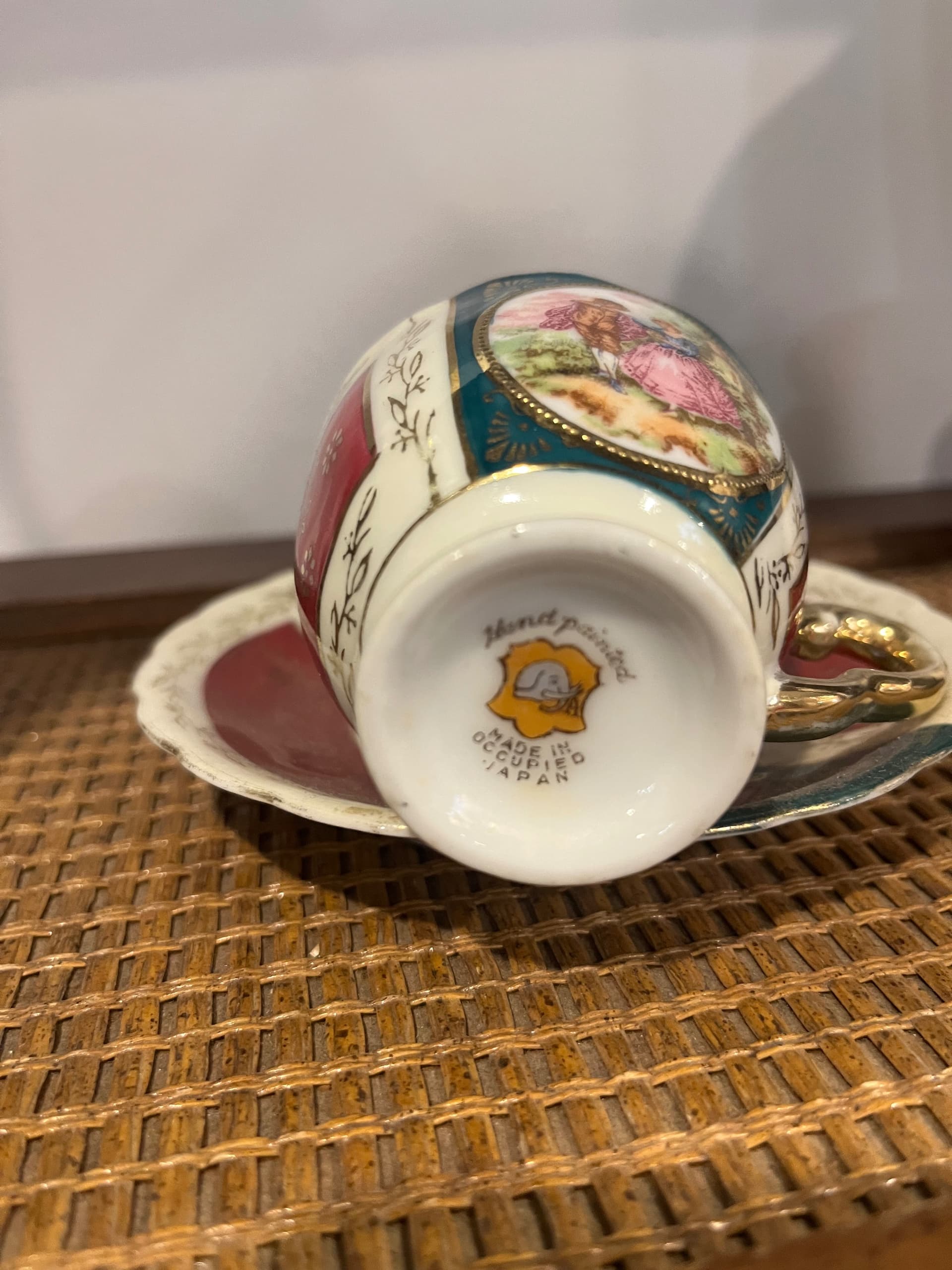 Occupied Japan Hand Painted Demitasse Cup Saucer Fragonard Courting Couple Teal Burgundy Gold - Regular - Thumbnail 6