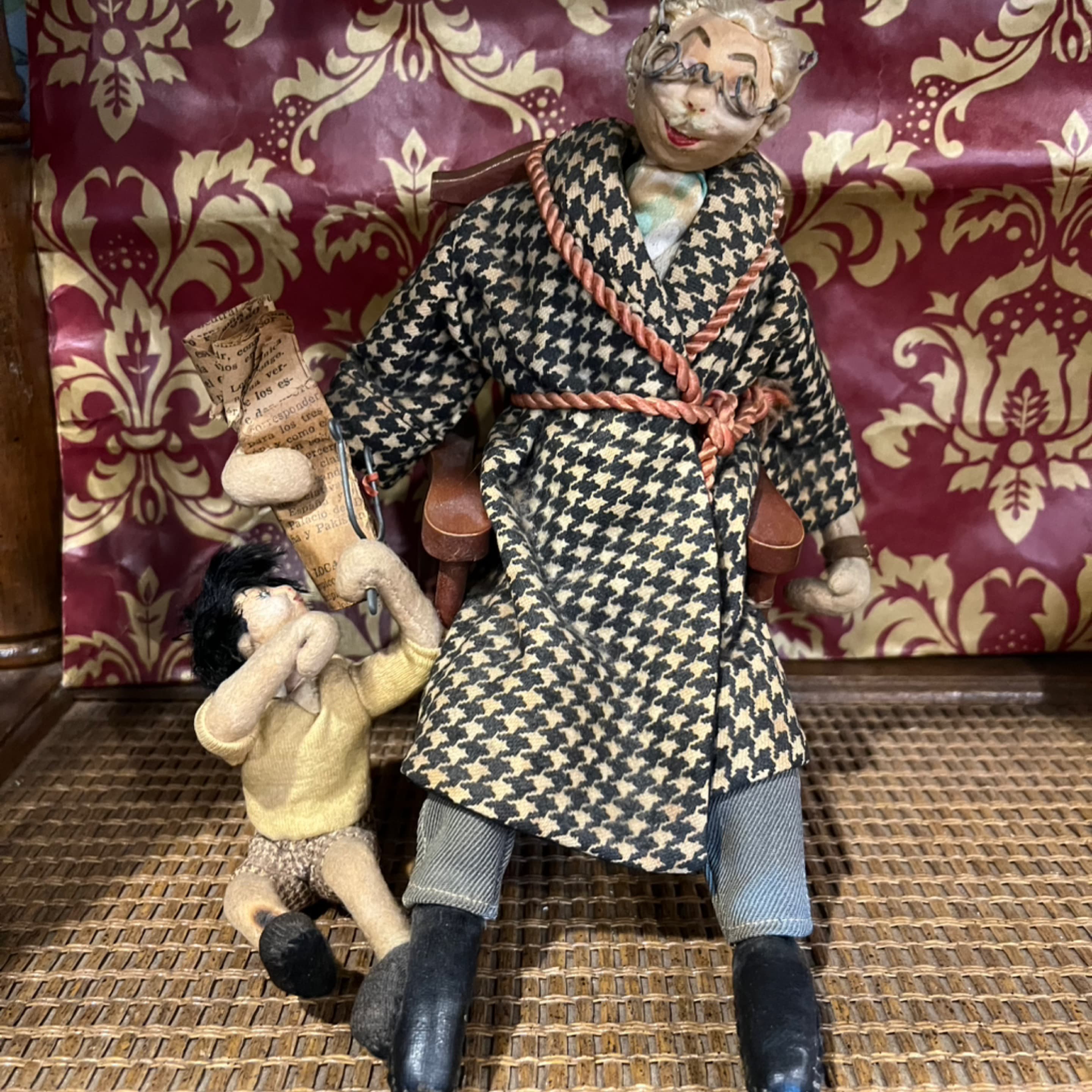 Vintage Character Doll Pair — Elderly Gentleman & Child Companion, Houndstooth Robe, Mid-Century Folk Art Display - Regular