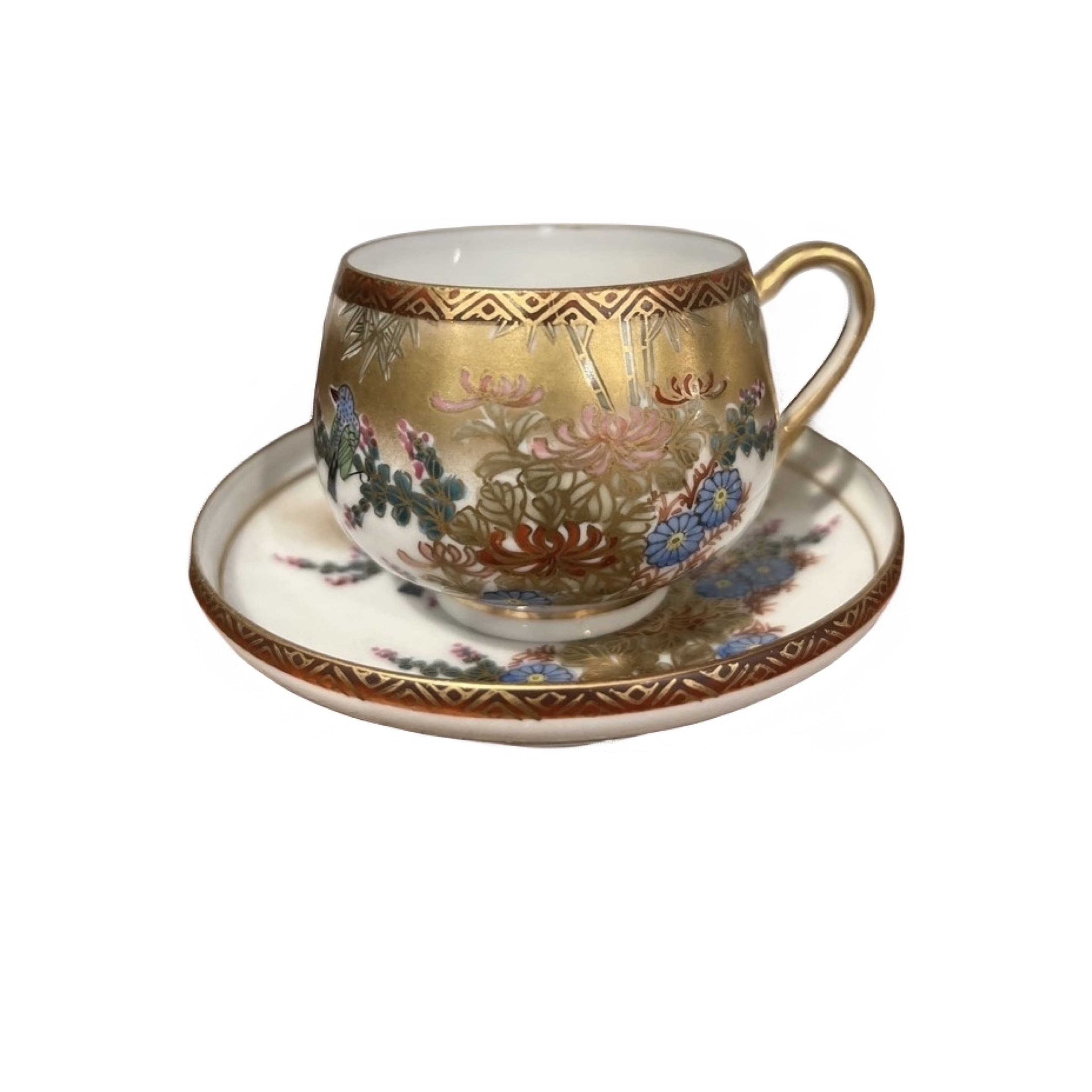 Kutani Porcelain Demitasse Cup & Saucer Heavy Gold Chrysanthemum Bird Meiji/Showa Japanese - Regular