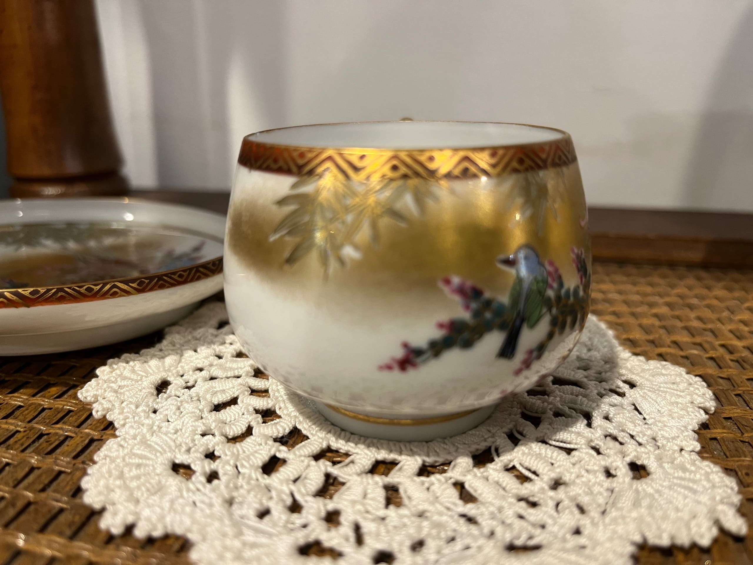 Kutani Porcelain Demitasse Cup & Saucer Heavy Gold Chrysanthemum Bird Meiji/Showa Japanese - Regular - Thumbnail 3