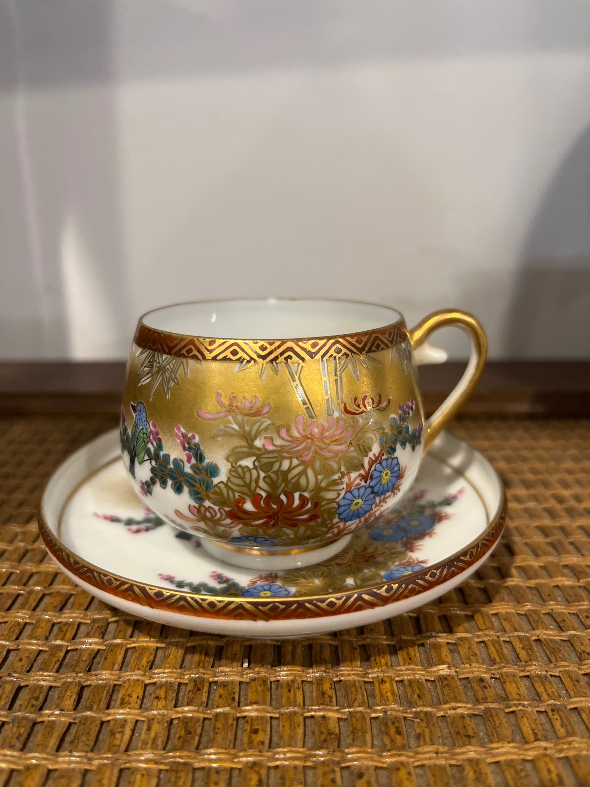Kutani Porcelain Demitasse Cup & Saucer Heavy Gold Chrysanthemum Bird Meiji/Showa Japanese - Regular - Thumbnail 5