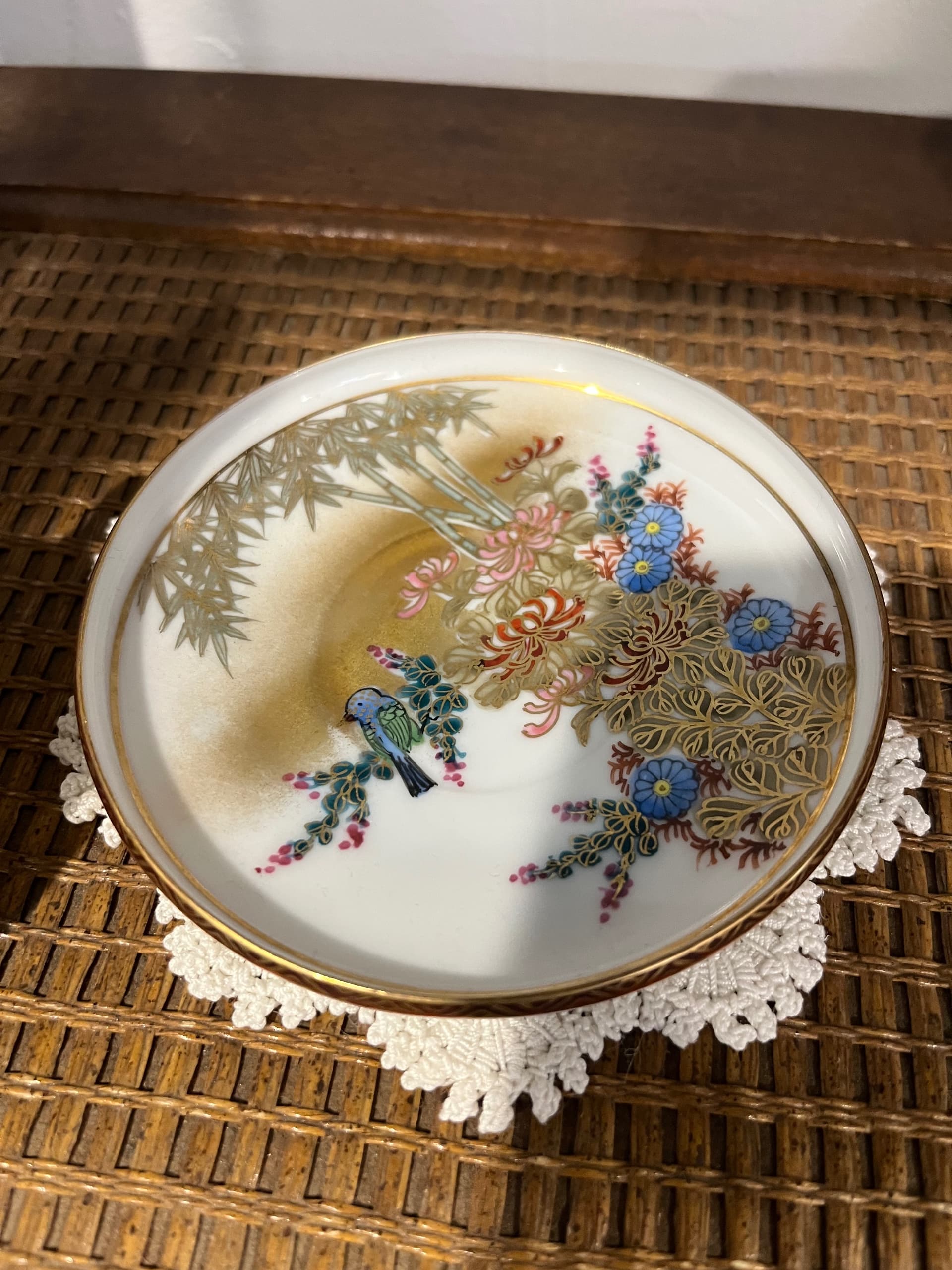 Kutani Porcelain Demitasse Cup & Saucer Heavy Gold Chrysanthemum Bird Meiji/Showa Japanese - Regular - Thumbnail 8
