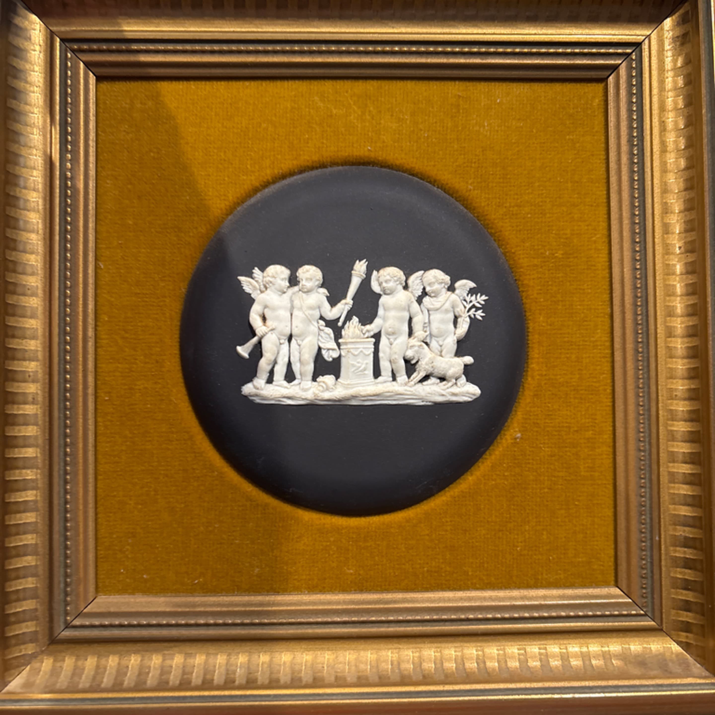 Wedgwood Black Jasperware Framed Medallion Plaque | Neoclassical Putti Relief | Made in England | Wall Art - Regular