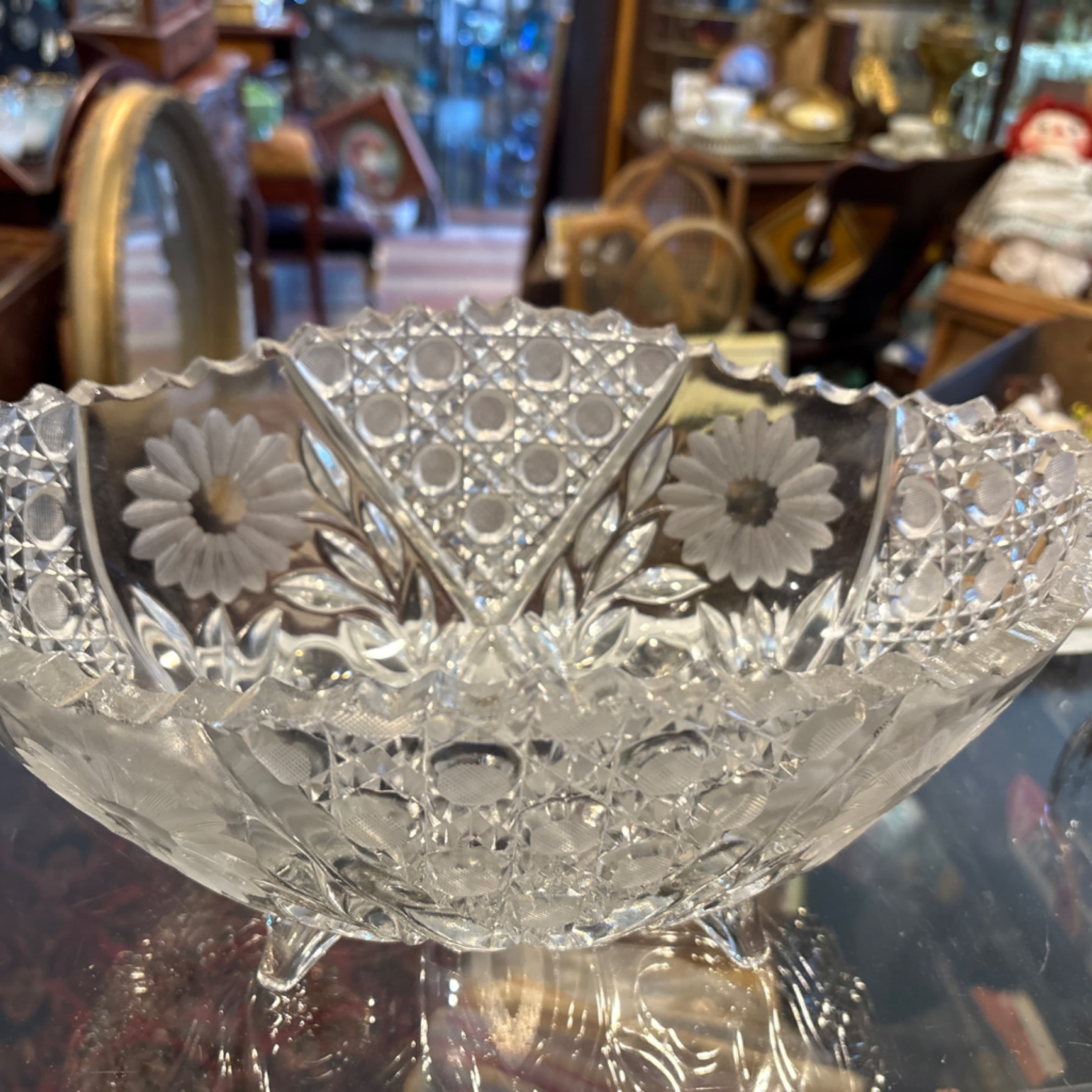 American Brilliant Period Cut Crystal Bowl — 11” Footed, Daisy Engraving, c. 1890–1915 - Regular