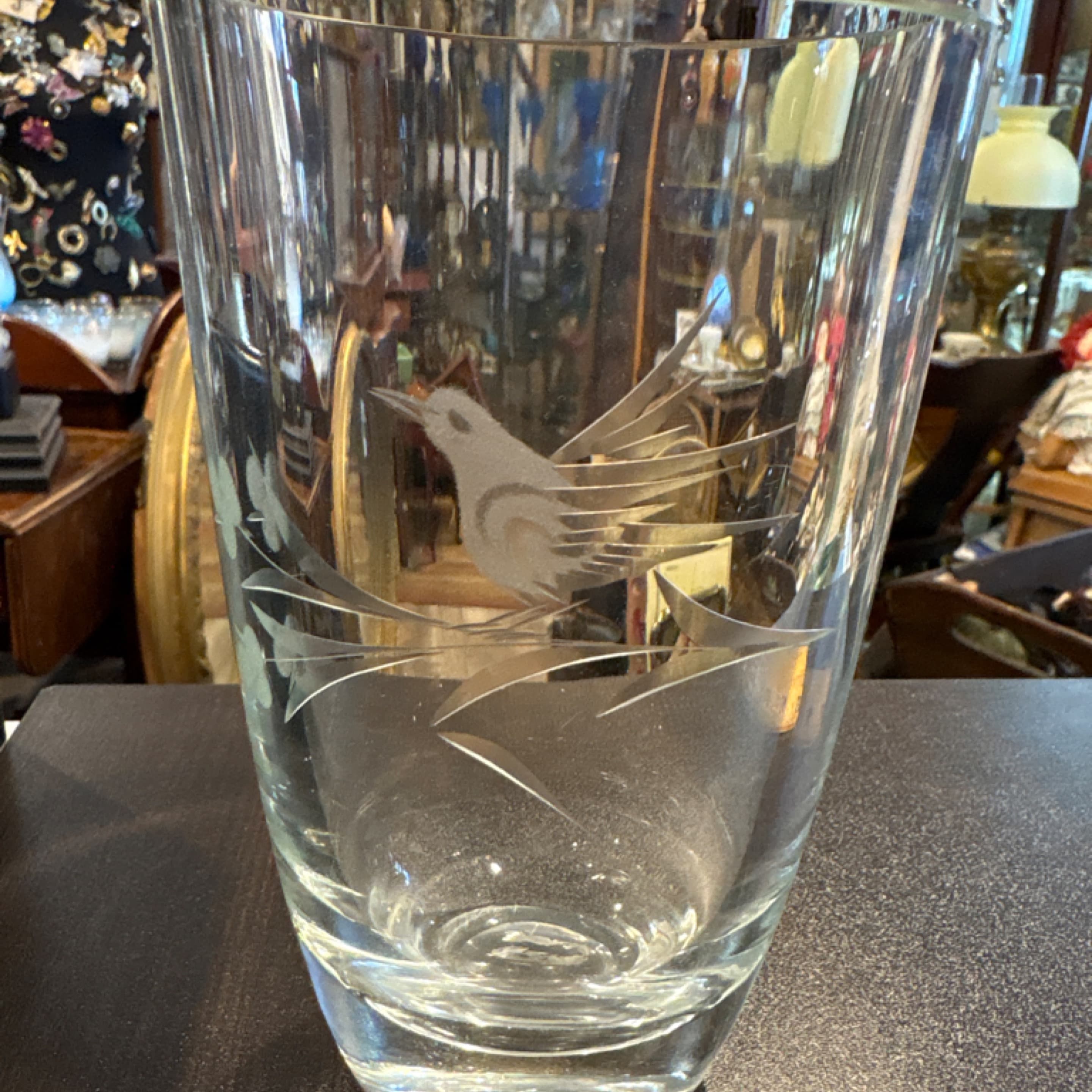 Scandinavian Crystal Vase, Engraved Bird Motif, Mid-Century - Regular