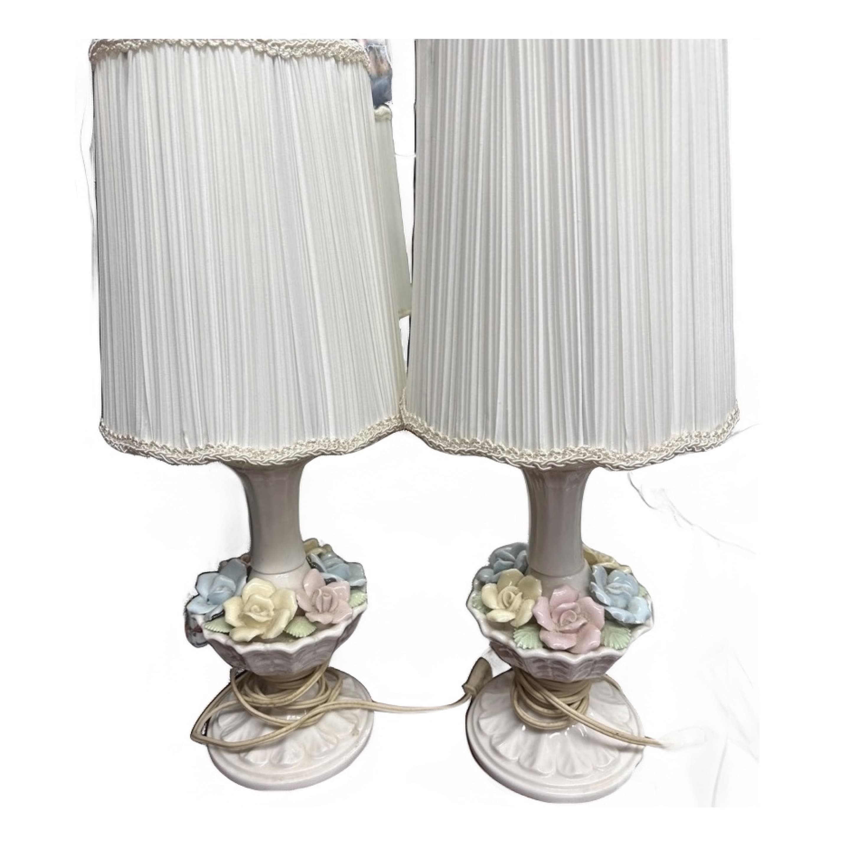 Pair of Vintage Japanese Porcelain Floral Boudoir Lamps | Applied Pastel Roses | 1950s Cottage Chic | Original Pleated Shades - Regular