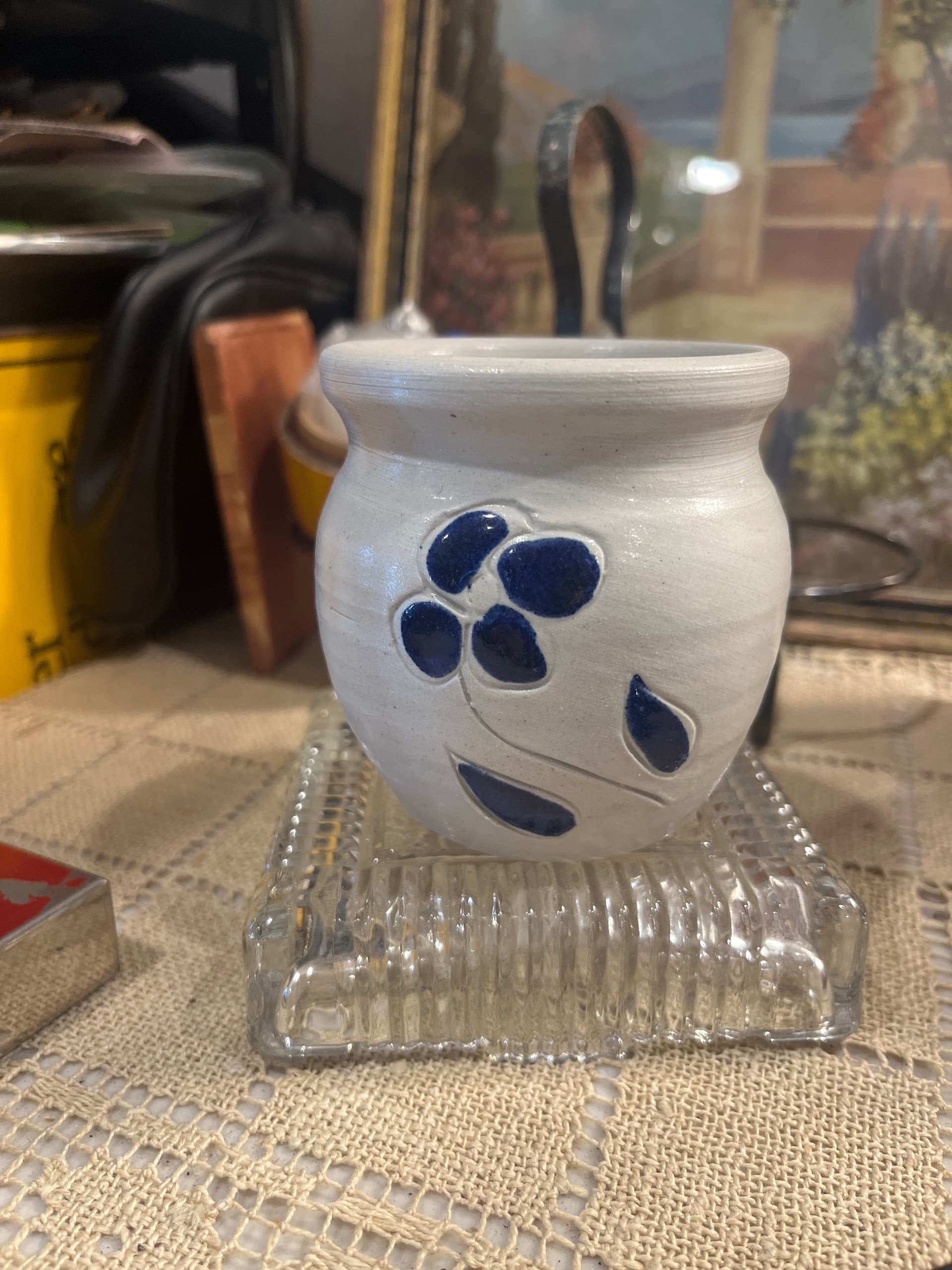 Vintage Williamsburg Pottery Small Jar | Gray Salt Glaze Cobalt Blue Flower Motif | 3” Virginia Stoneware - Regular - Thumbnail 7