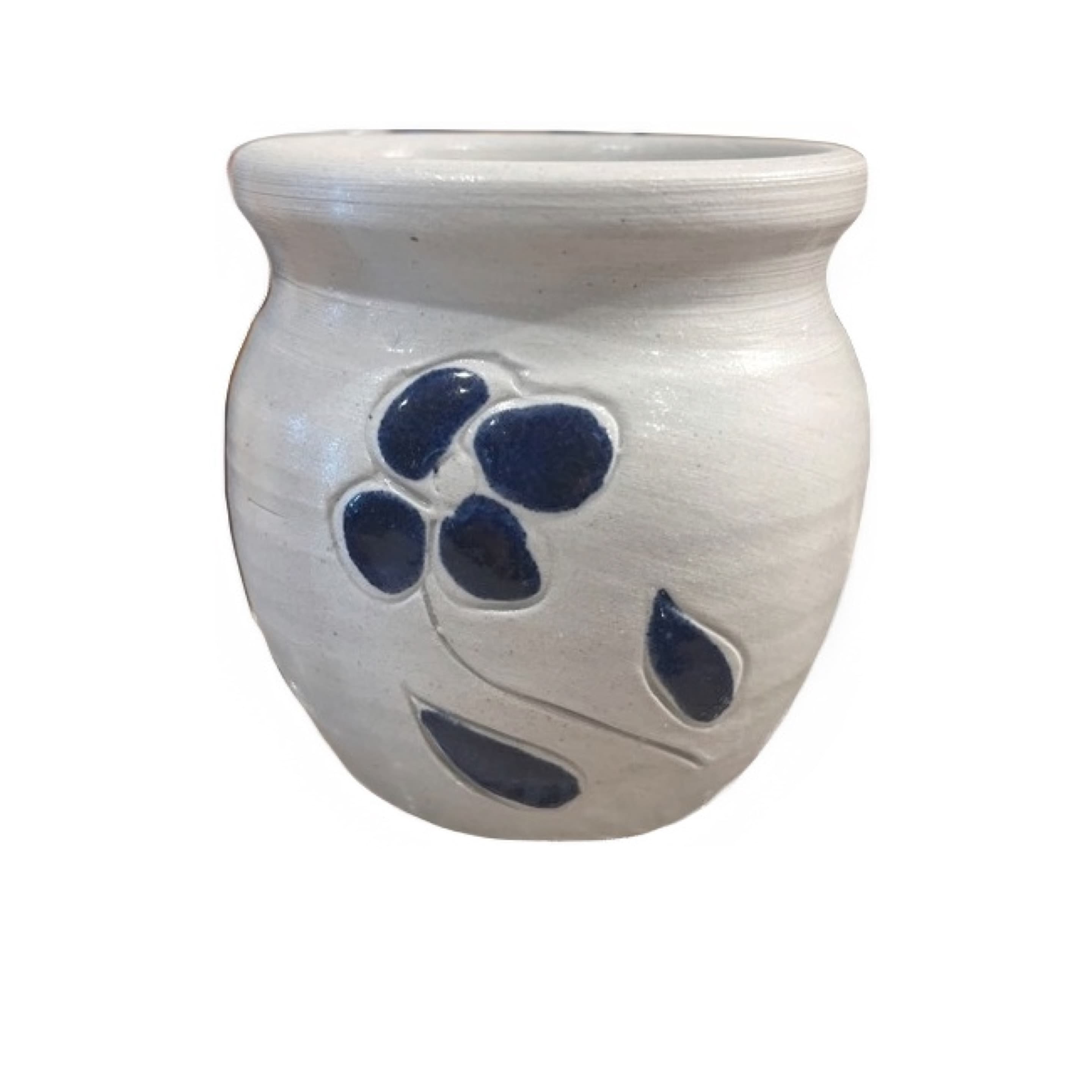 Vintage Williamsburg Pottery Small Jar | Gray Salt Glaze Cobalt Blue Flower Motif | 3” Virginia Stoneware - Regular