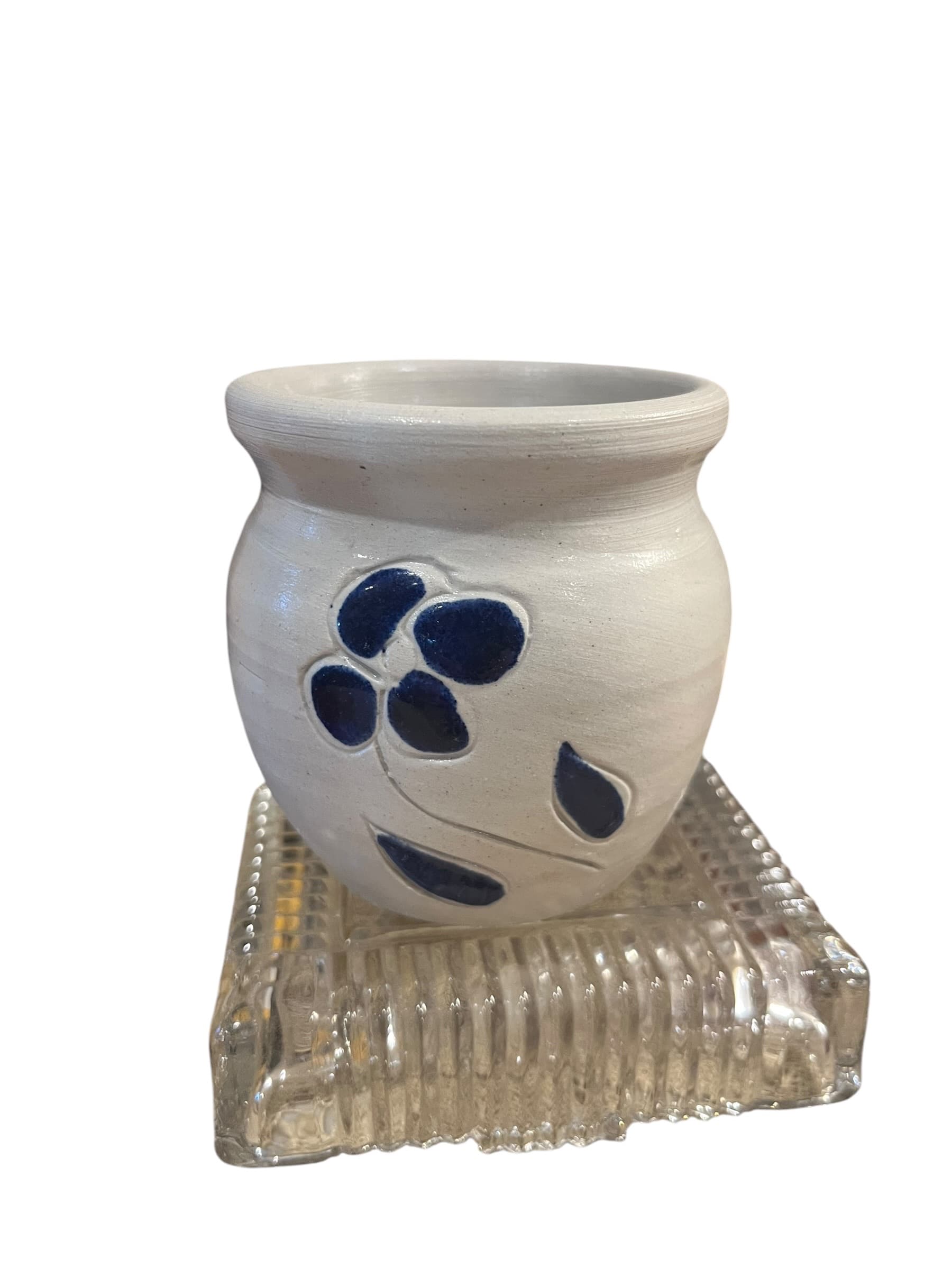 Vintage Williamsburg Pottery Small Jar | Gray Salt Glaze Cobalt Blue Flower Motif | 3” Virginia Stoneware - Regular - Thumbnail 5