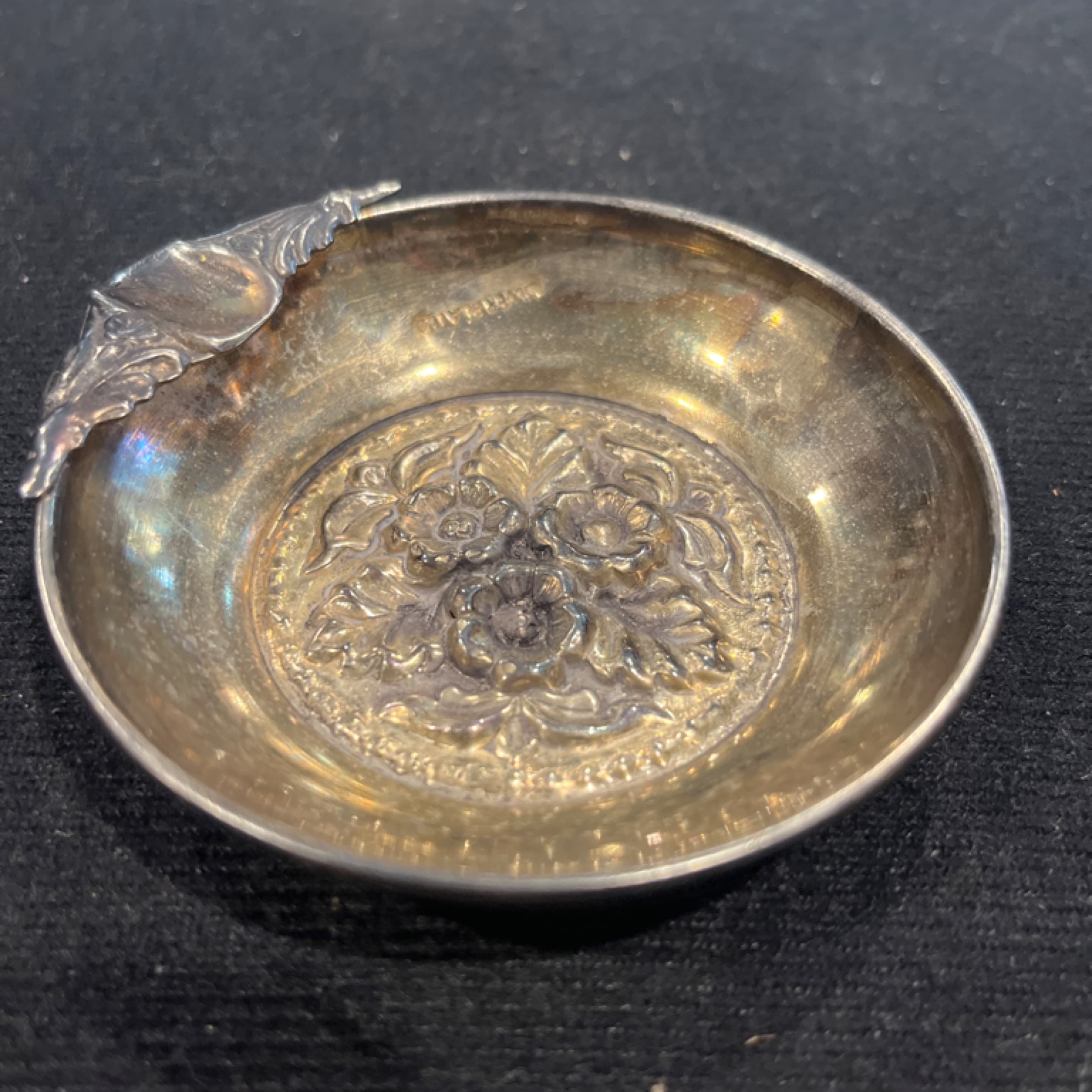 vintage antique repousse dish or bowl, likely silver plated, featuring an ornate floral vintage antique repousse dish 941 - Regular