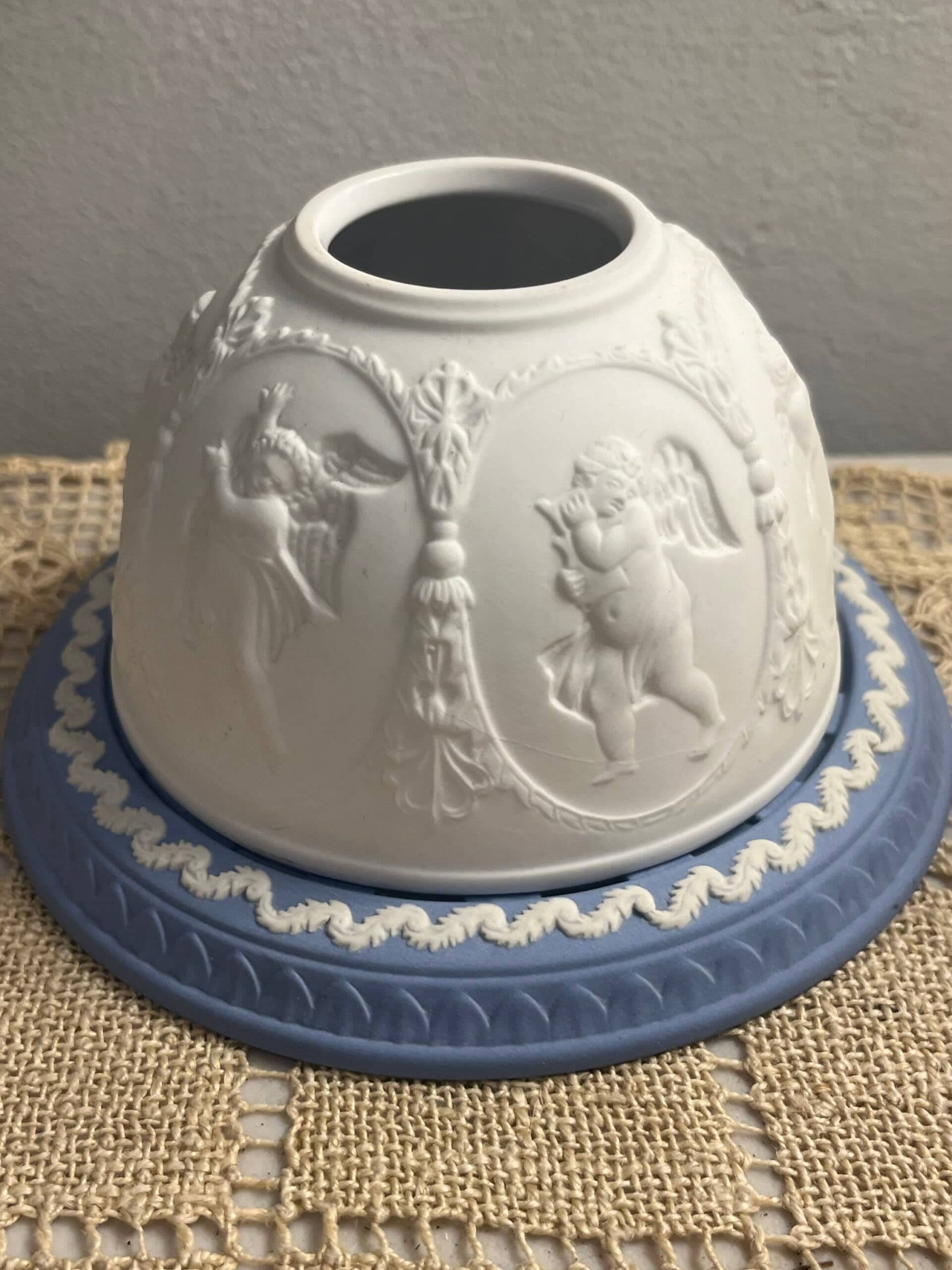 Wedgwood Jasperware Candle Votive Shade & Tray Set — Blue & White Cherub Relief - Regular