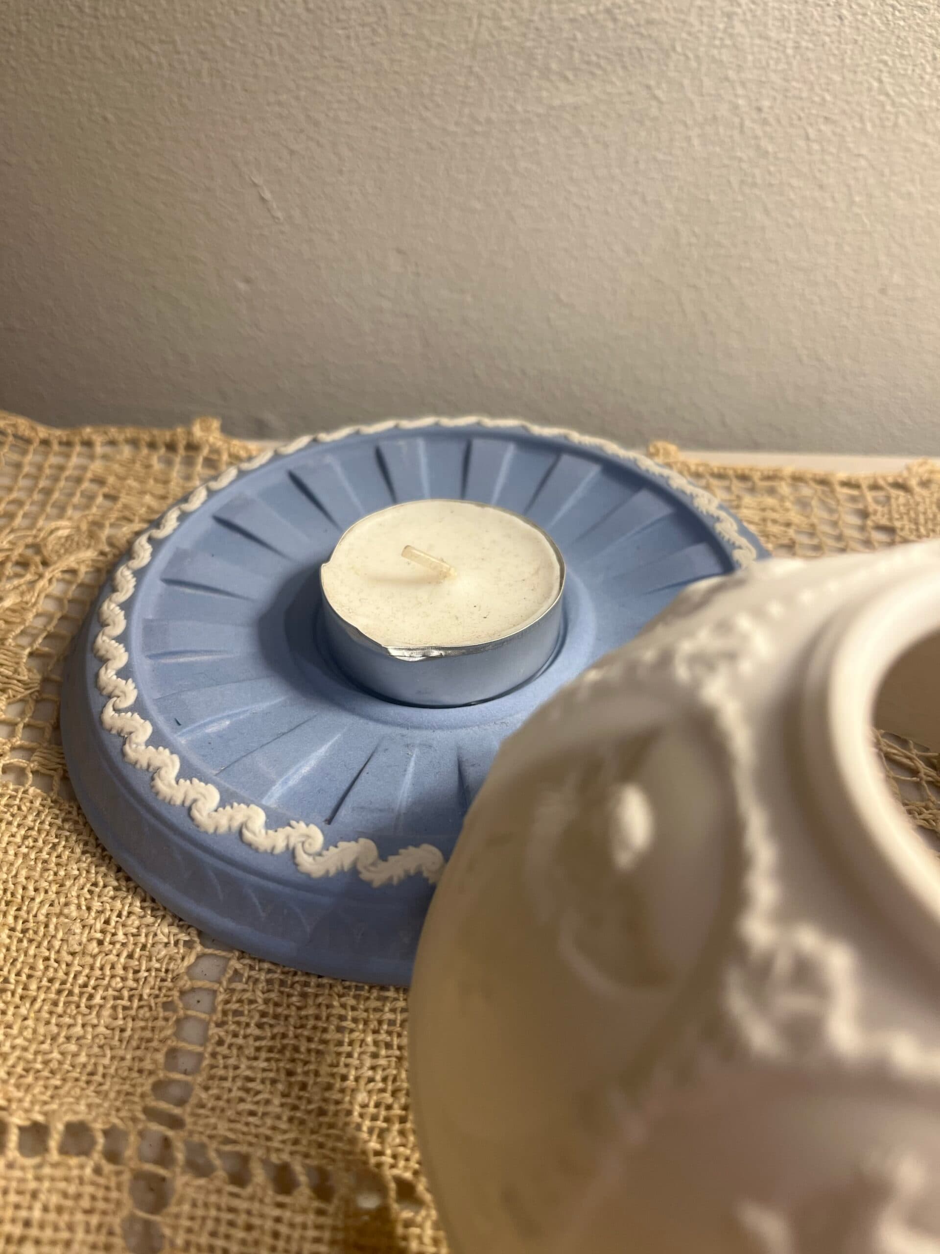 Wedgwood Jasperware Candle Votive Shade & Tray Set — Blue & White Cherub Relief - Regular - Thumbnail 2