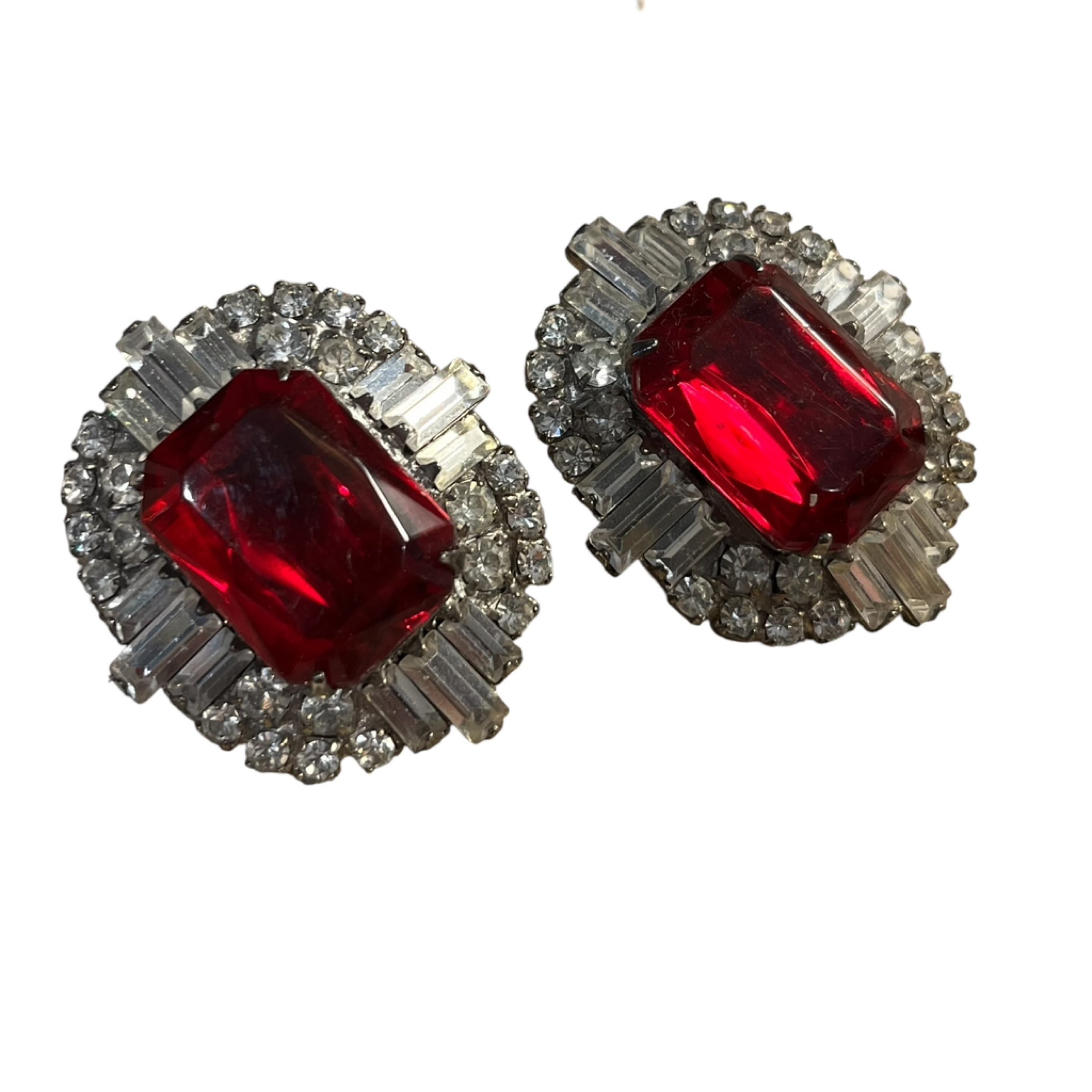 Vintage Ruby Red Rhinestone Clip-On Earrings - Regular