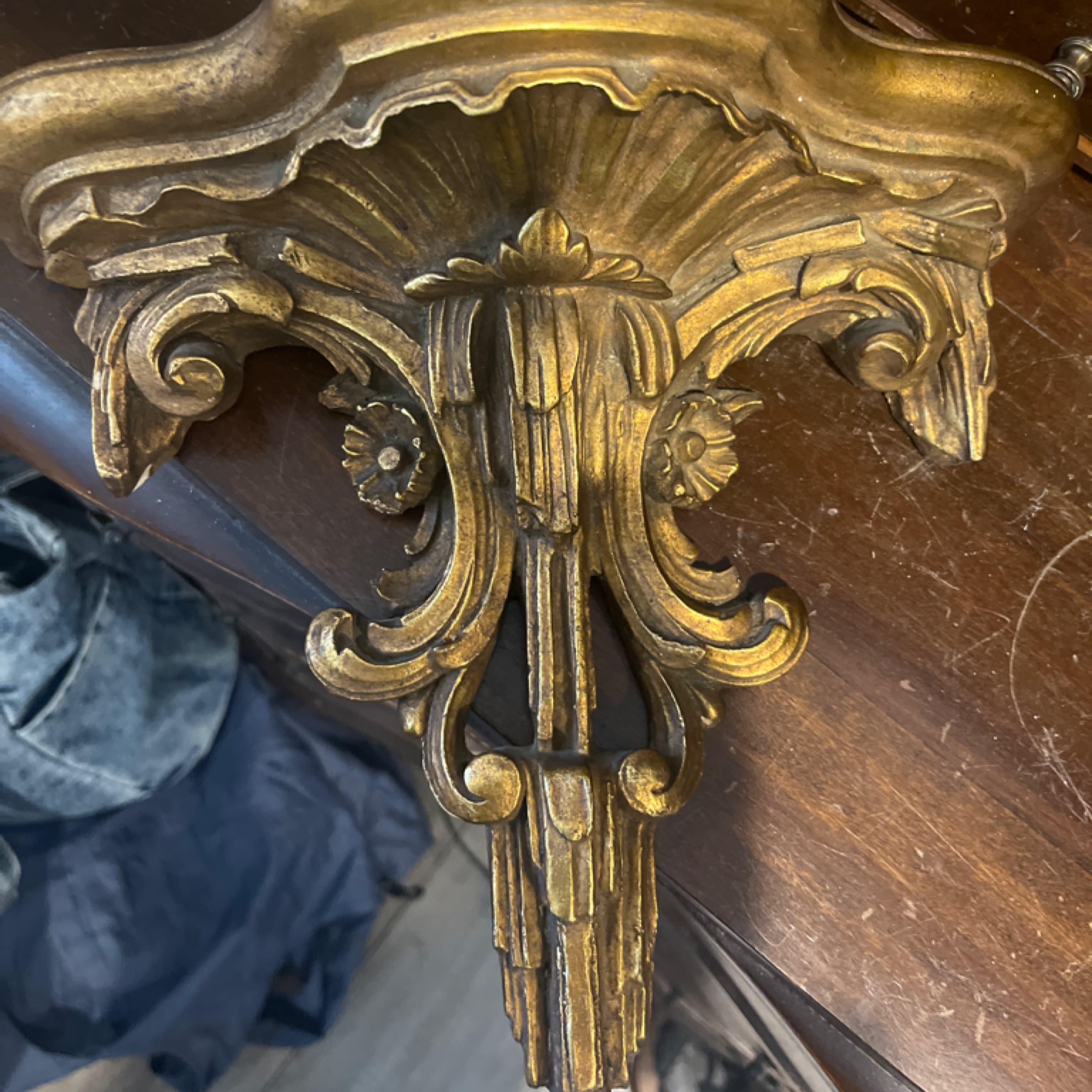 Antique 1937 Gold Gilt Wall Bracket Shelf | Rococo Acanthus Scroll Corbel | Hollywood Regency Display - Regular
