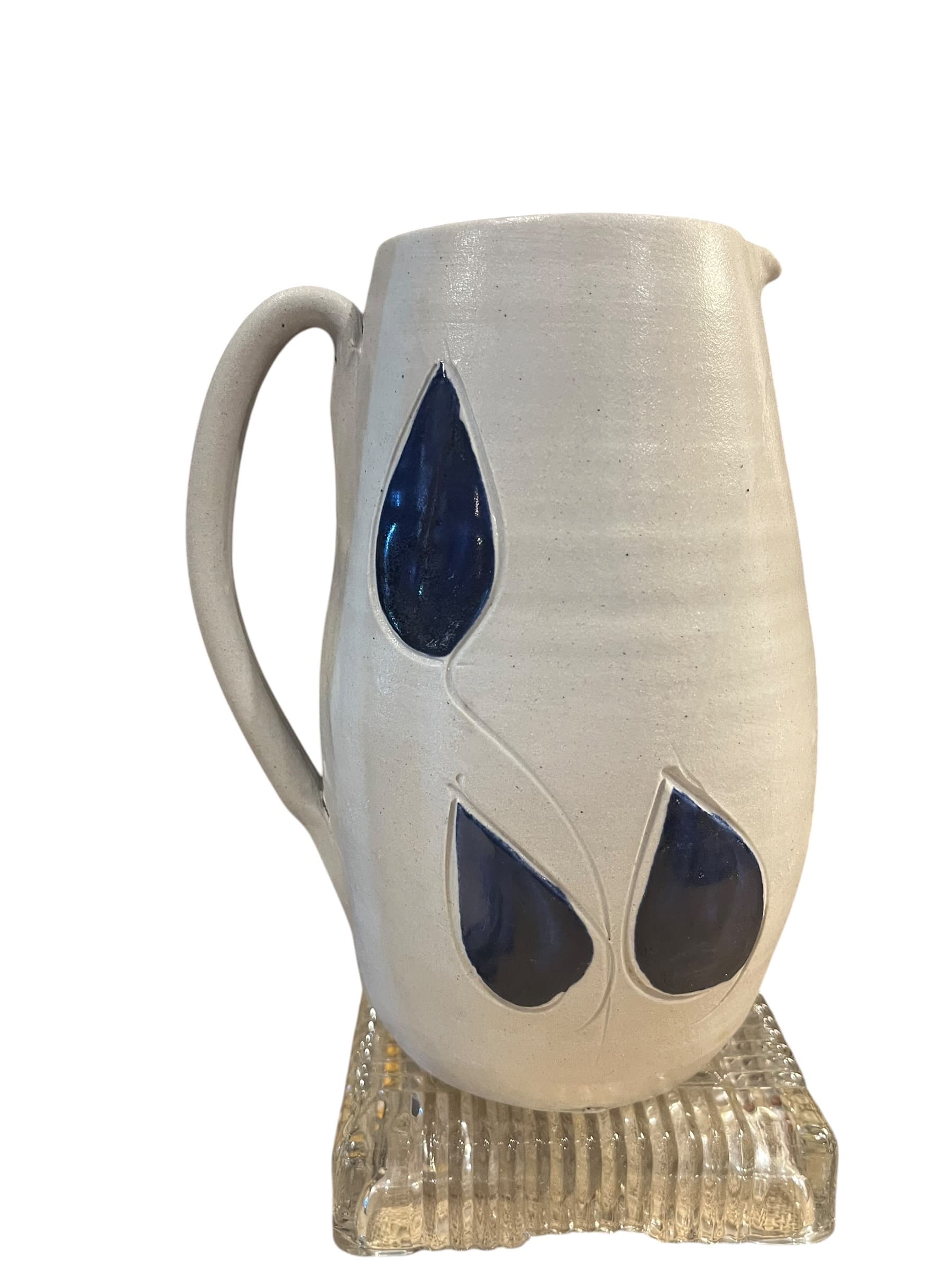 Vintage Williamsburg Pottery Pitcher | Salt Glaze Gray & Cobalt Blue Tulip Design | 6.75” Virginia Stoneware - Regular - Thumbnail 2