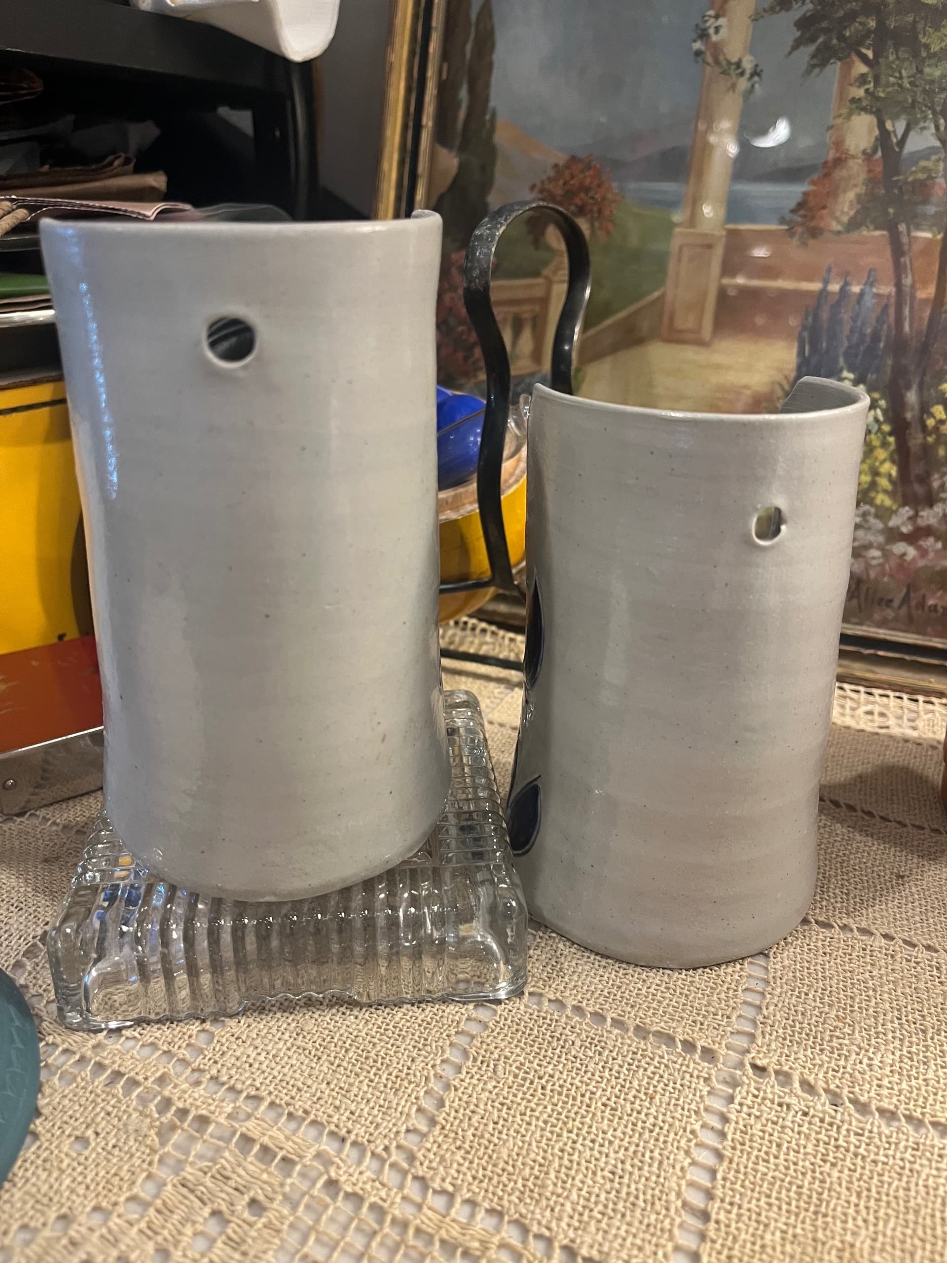 Vintage Williamsburg Pottery Candleholders | Pair Gray Salt Glaze Cobalt Blue Teardrop | 5” Virginia Stoneware - Regular - Thumbnail 6