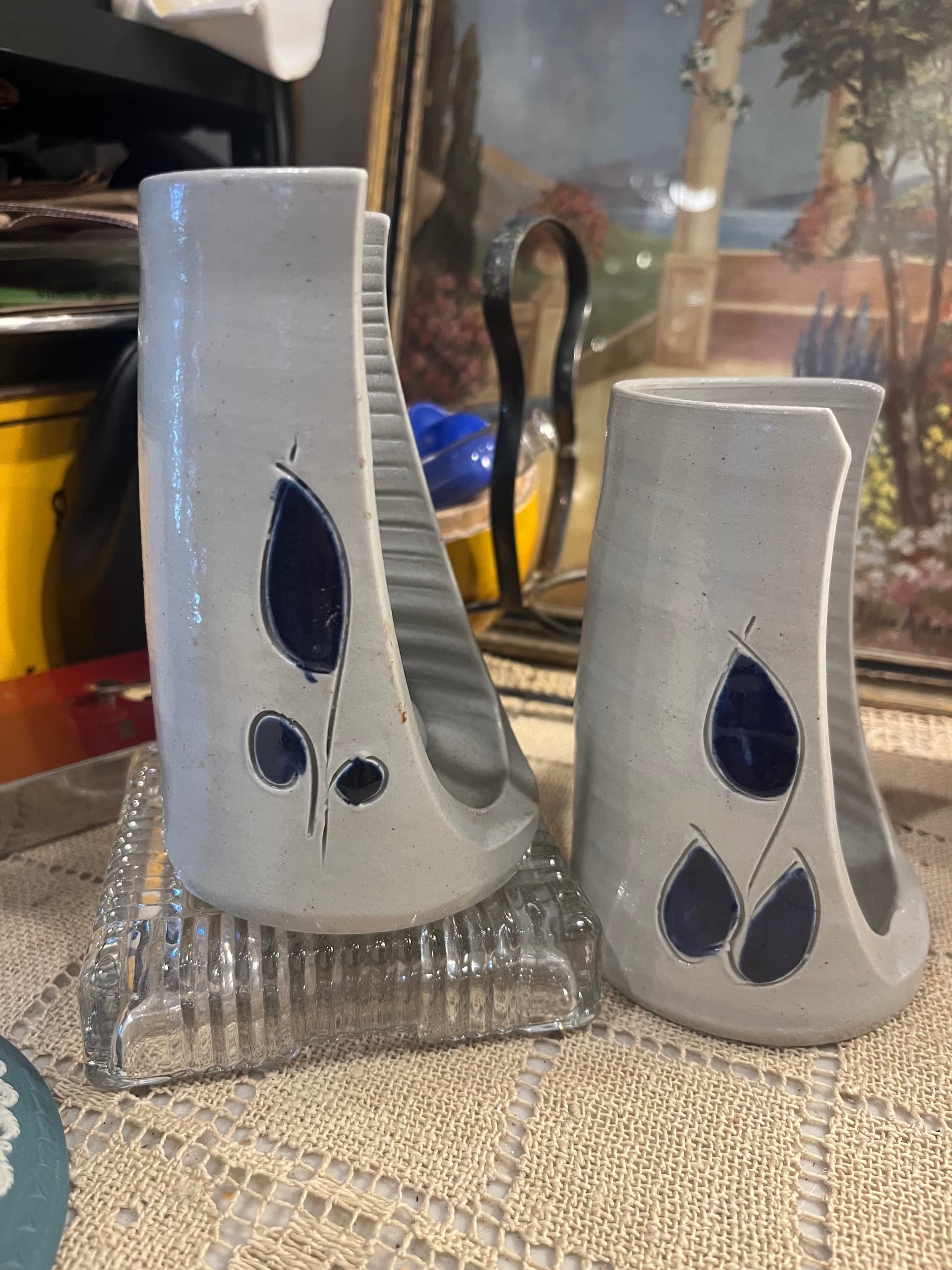 Vintage Williamsburg Pottery Candleholders | Pair Gray Salt Glaze Cobalt Blue Teardrop | 5” Virginia Stoneware - Regular - Thumbnail 2