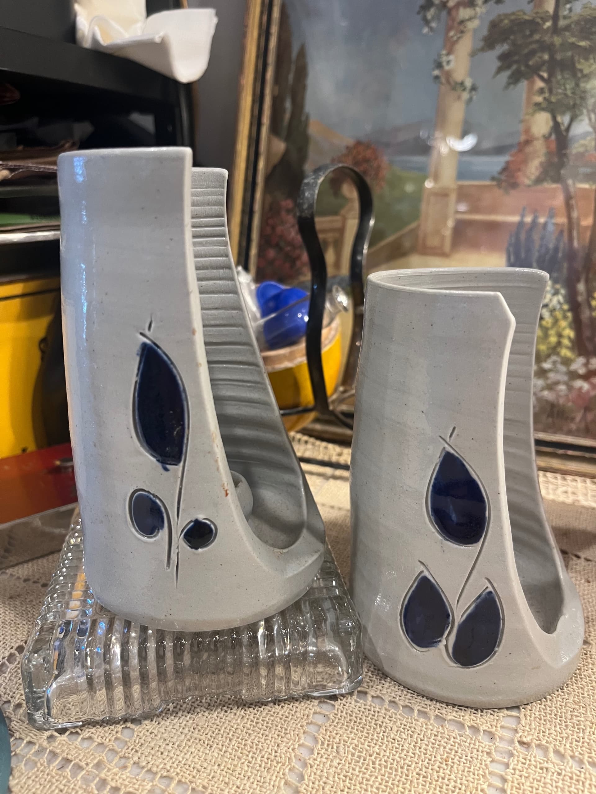 Vintage Williamsburg Pottery Candleholders | Pair Gray Salt Glaze Cobalt Blue Teardrop | 5” Virginia Stoneware - Regular - Thumbnail 3