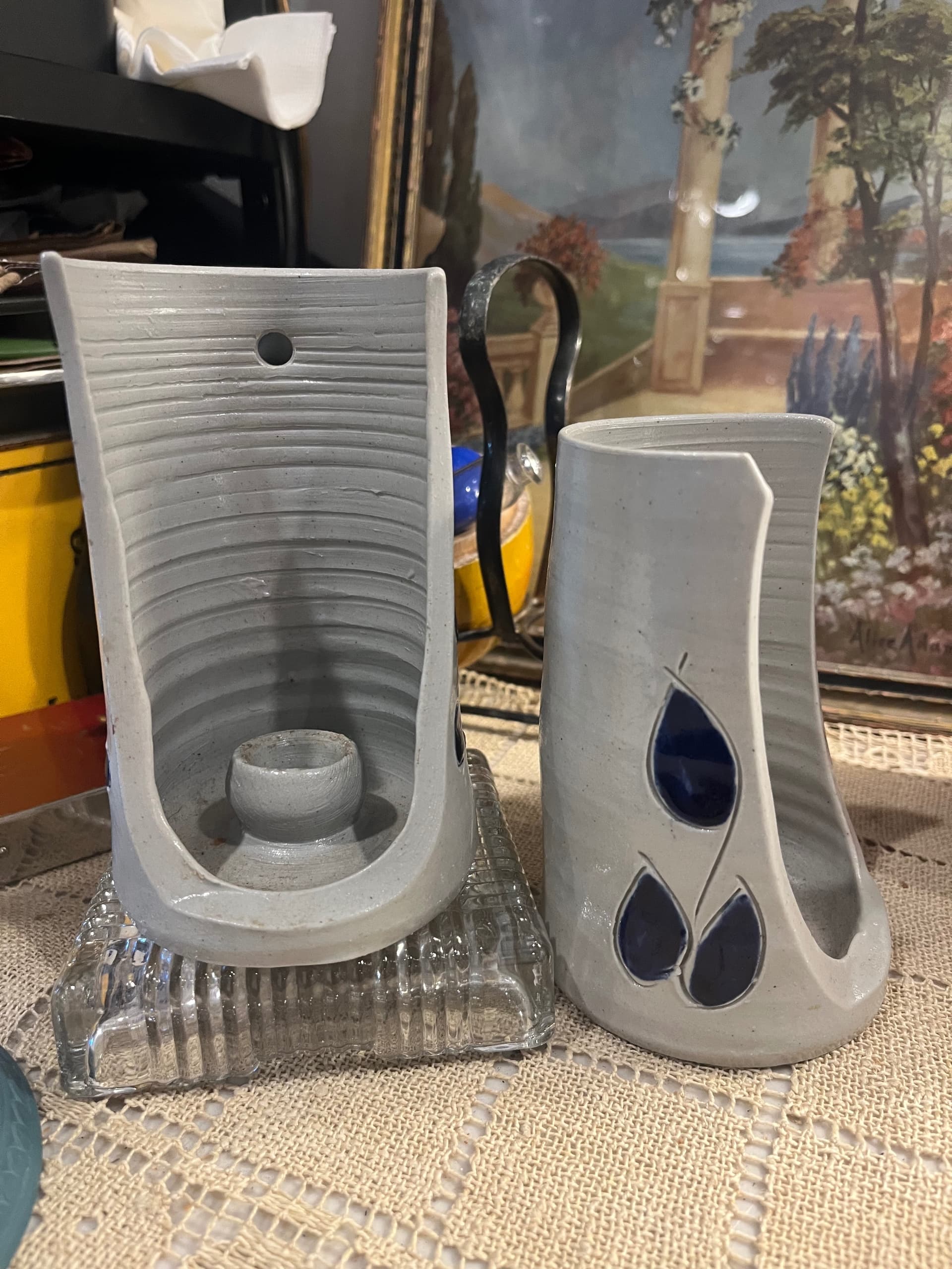 Vintage Williamsburg Pottery Candleholders | Pair Gray Salt Glaze Cobalt Blue Teardrop | 5” Virginia Stoneware - Regular - Thumbnail 4