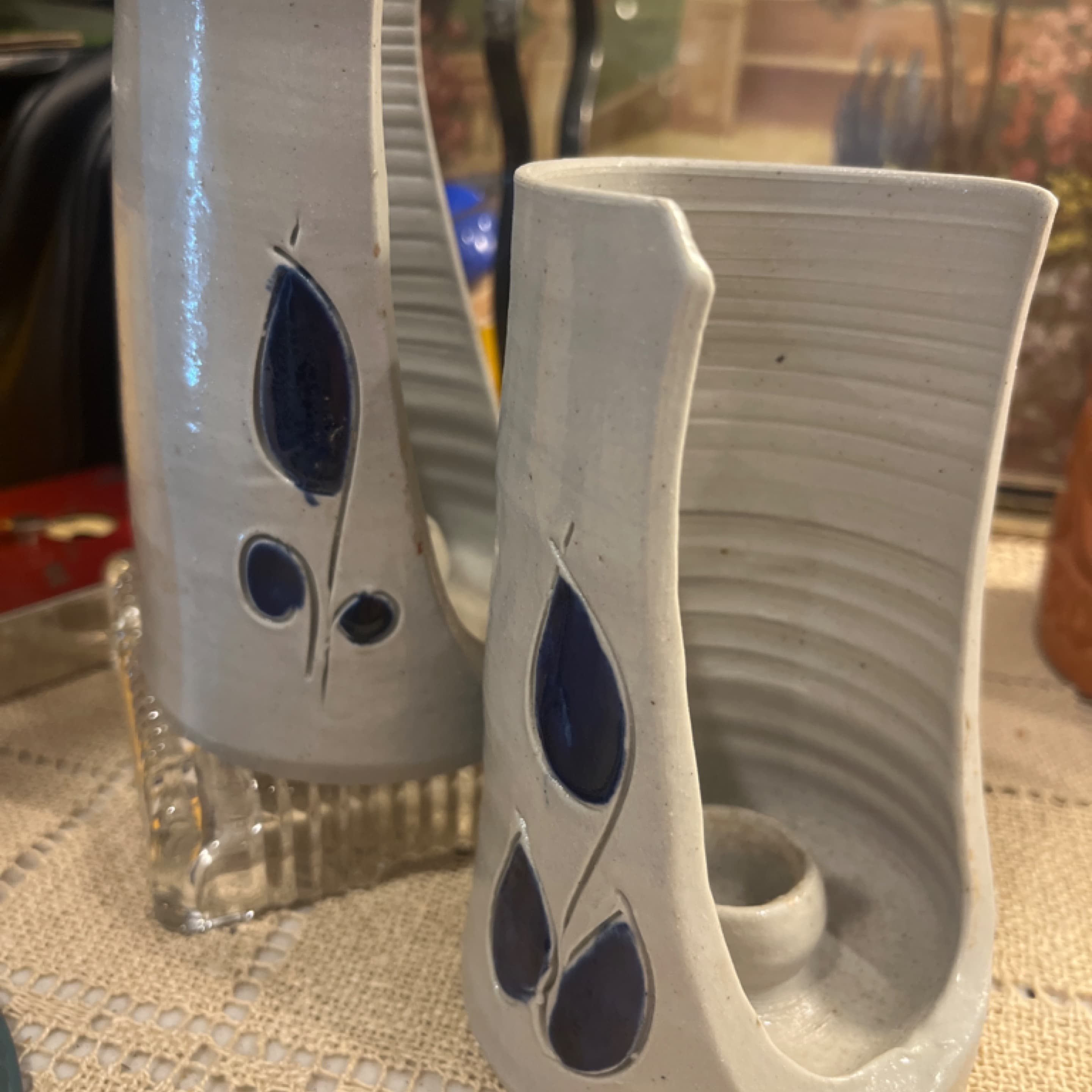 Vintage Williamsburg Pottery Candleholders | Pair Gray Salt Glaze Cobalt Blue Teardrop | 5” Virginia Stoneware - Regular